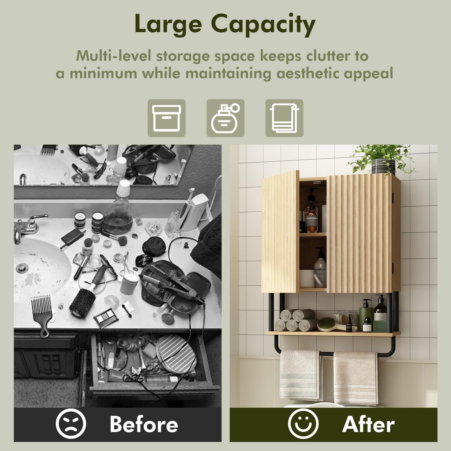 RUSTOWN 2-Door Fluted Bathroom Wall Cabinet - 3-Tier Modern Farmhouse Medicine Cabinet with Adjustable Shelf & Towel Bar - Over The Toilet Storage (Natural, Medium) - Perfect for Small Bathrooms, Vanity Organizer & Towel Storage