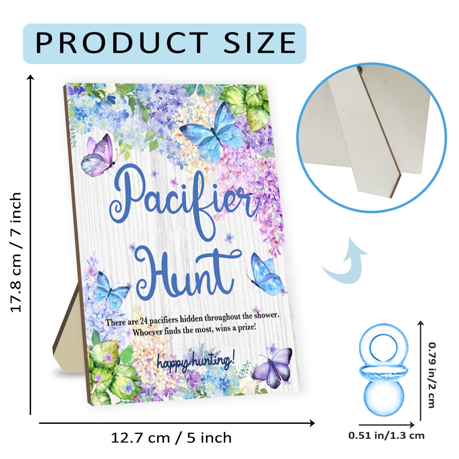 Baby Shower Pacifier Hunt Game Set - 50 Blue Acrylic Pacifiers with Wooden Sign & Butterfly Design for Gender Reveal Parties | Fun Baby Shower Activity & Nursery Decor
