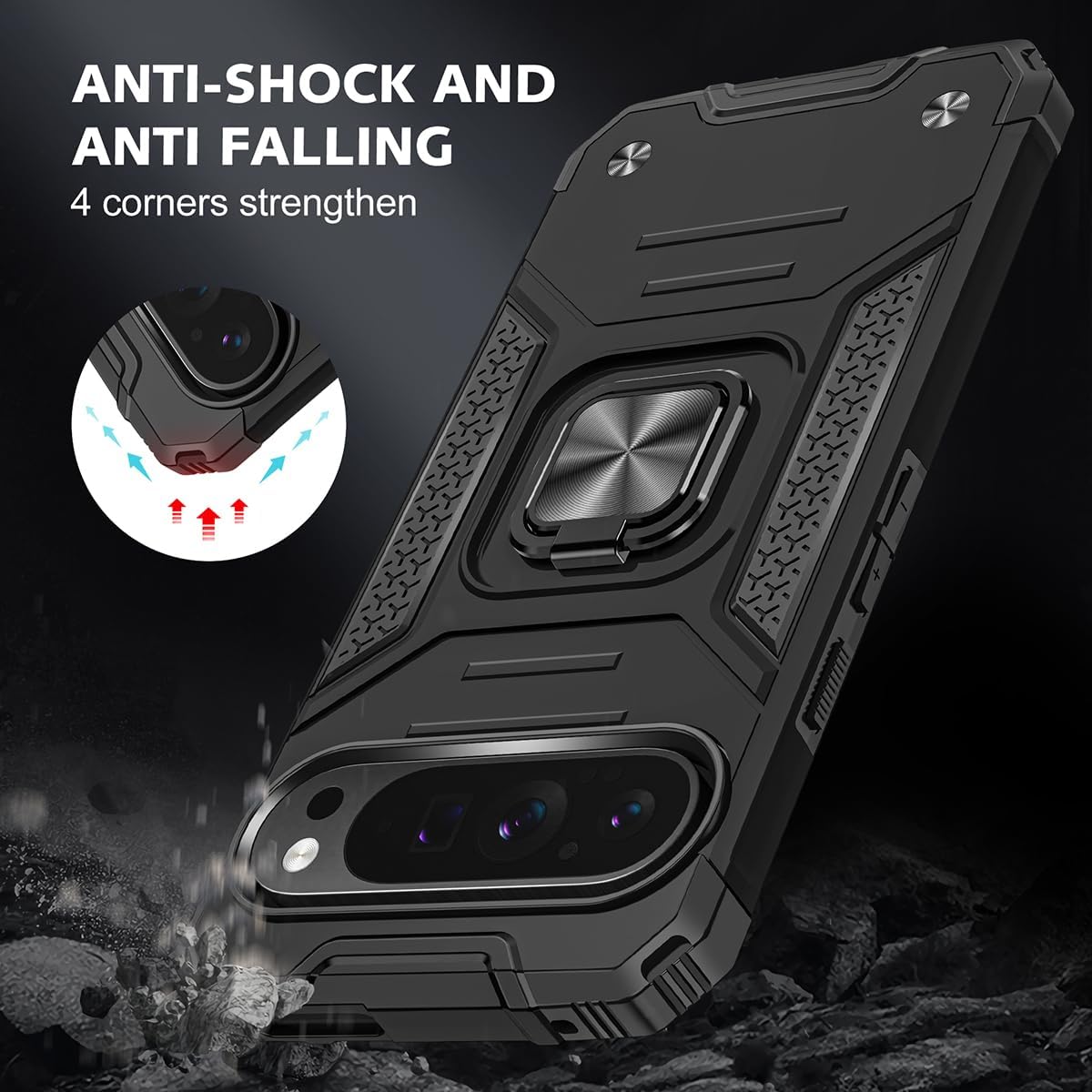 Google Pixel 9 Pro XL 360° Rotating Ring Holder Case - Shockproof Protective Phone Cover with Kickstand for Hands-Free Viewing, Perfect for Travel, Work & Daily Use