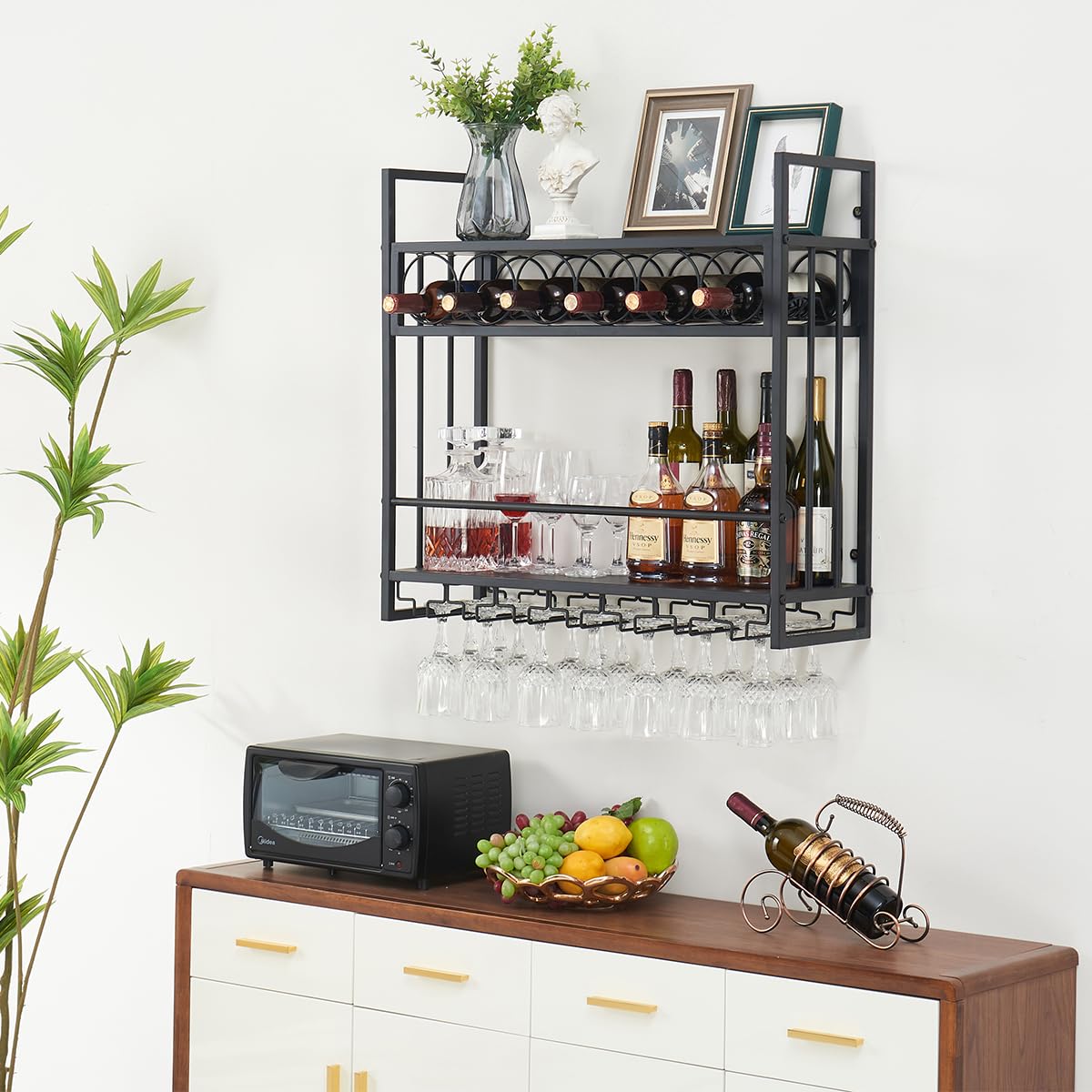 Wall Mounted Wine Rack with Glass Holder - Floating Metal Liquor Shelf for Wine Bottle Storage & Display - Black Bar Decor for Kitchen, Dining Room or Home Bar