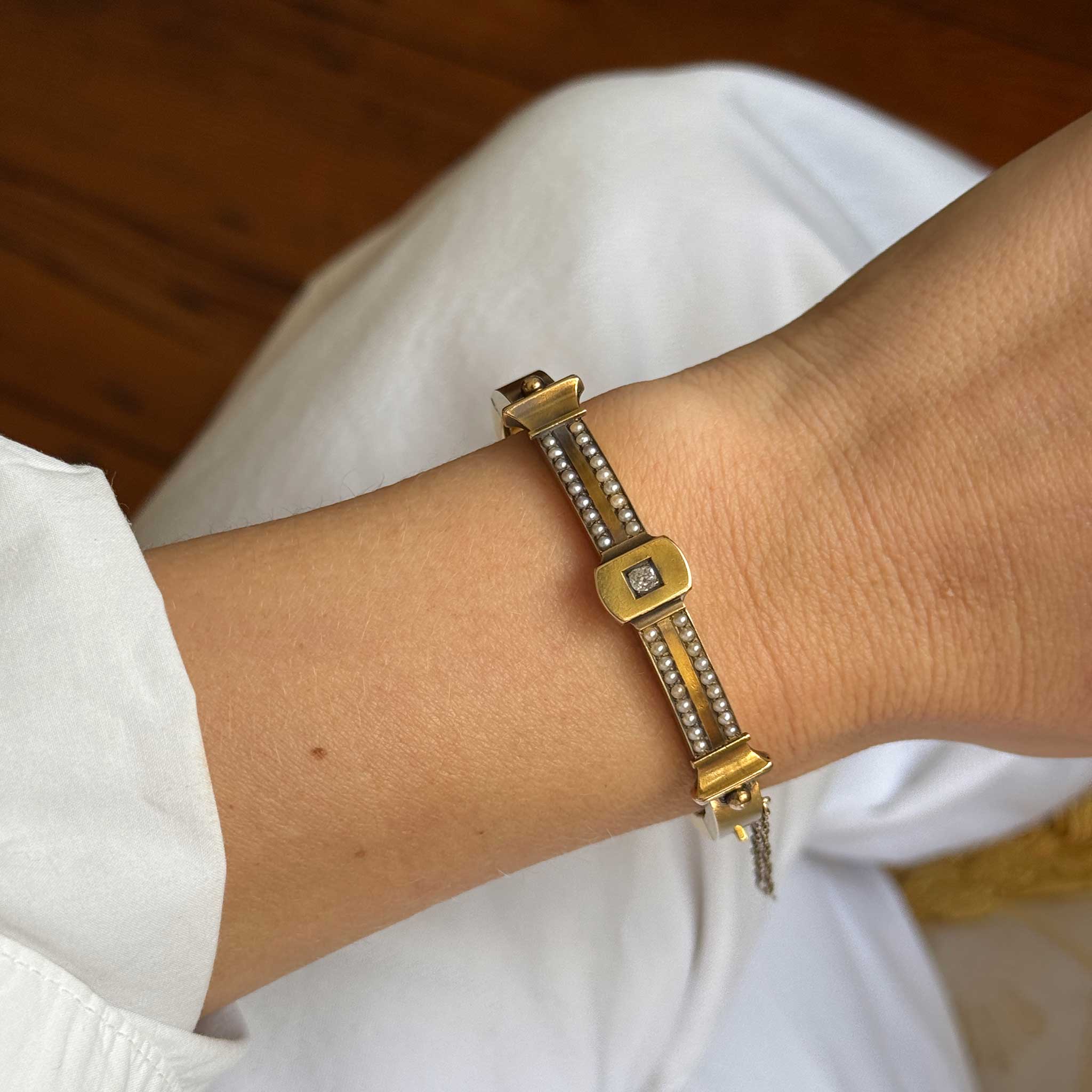 Antique Victorian 15K Gold Bangle with Old Mine Cut Diamond & Seed Pearl - Elegant Vintage Jewelry for Weddings, Anniversaries & Special Occasions