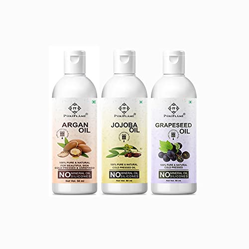 PuriFlame 100% Pure Argan Oil, Jojoba Oil & Grapeseed Oil Combo Set - 50ML Each for Hair Growth, Anti Hair Fall, Split Ends Treatment - Promotes Soft, Shiny & Healthy Hair - Perfect for Daily Hair Care, Scalp Massage & DIY Hair Masks (Pack of 3)