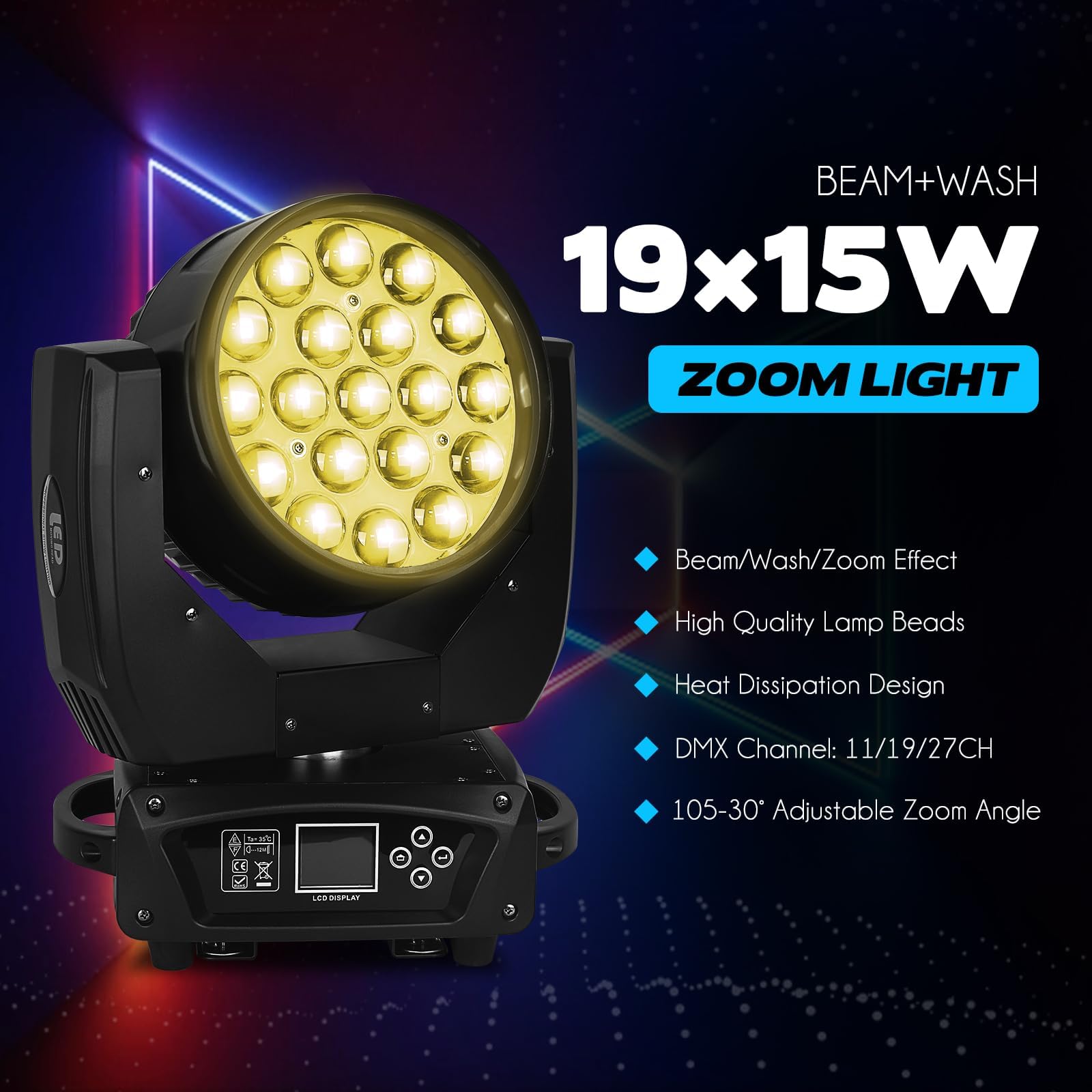 19x15W RGBW 4-in-1 Moving Head LED DJ Light with Beam/Wash Zoom, Sound Activation & DMX Control - Perfect for Stage Shows, Disco Clubs, Wedding Parties and Live Events