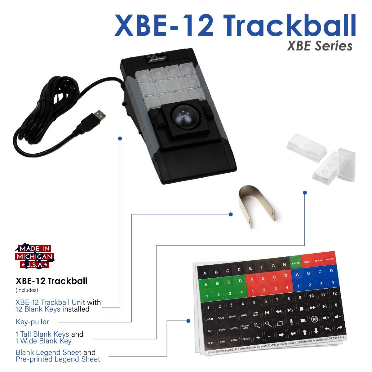 XBE 12-Key Programmable Keypad with Trackball - Customizable Shortcut Keyboard for CAD, Video Editing & Gaming - Ergonomic USB Keypad for PC/Mac