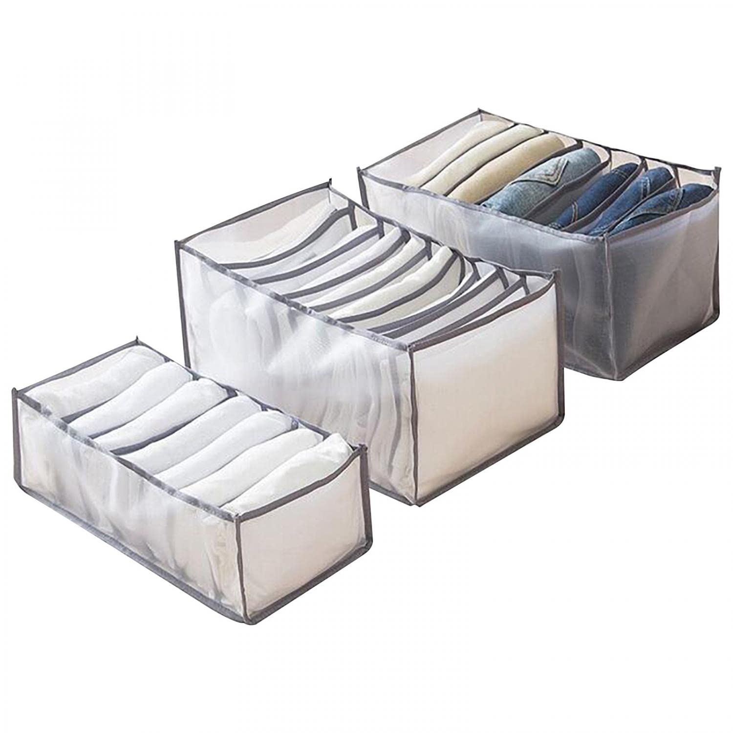 Portable Visible Grid Clothes Organizer Storage Box - Foldable Washable Mesh Drawer Dividers for Pants, Jeans & T-Shirts (Set of 3, Gray) | Perfect for Closet, Dresser & Travel Organization