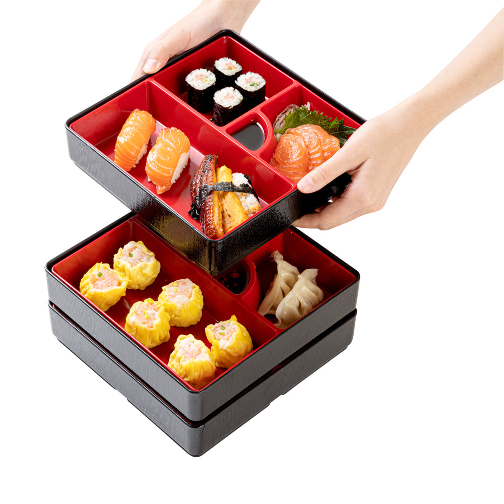 Premium Japanese Style Bento Box - 4 Compartments, 3 Layers, Square Black & Red Design - 8.25