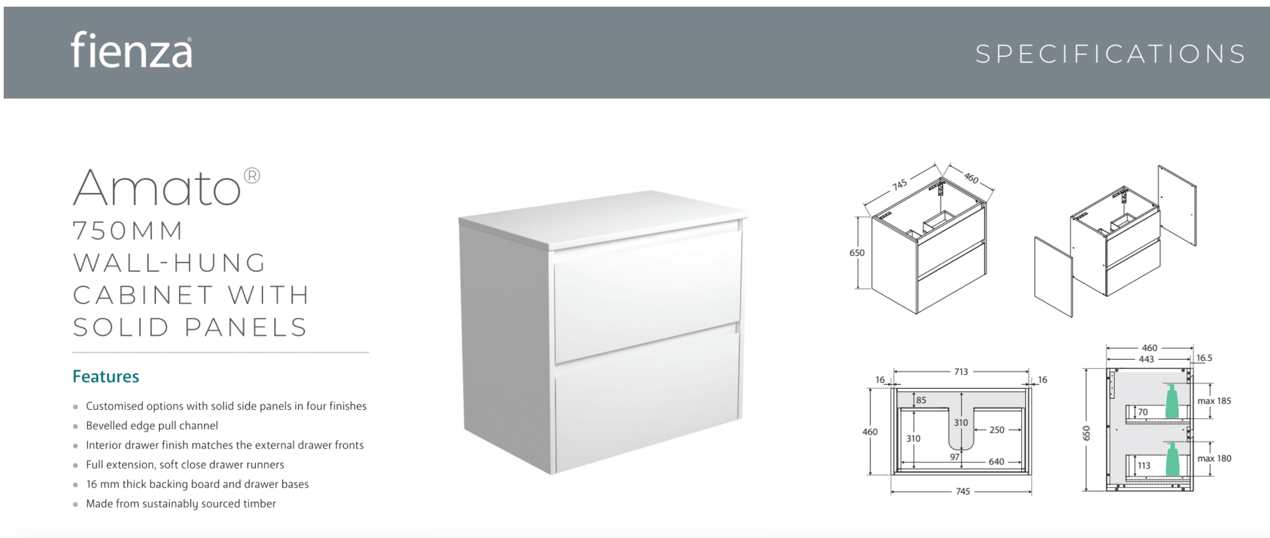 Fienza 75BWX Amato 750 Wall Mounted Cabinet - Industrial Style Satin White Bathroom Vanity for Small Spaces | Perfect for Modern Home, Apartment & Powder Room Storage