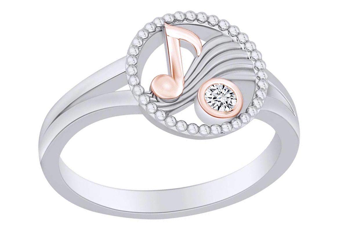 Round White Natural Diamond Accent Two-Tone Musical Note Solitaire Ring - Elegant Jewelry for Musicians, Gift for Music Lovers & Special Occasions