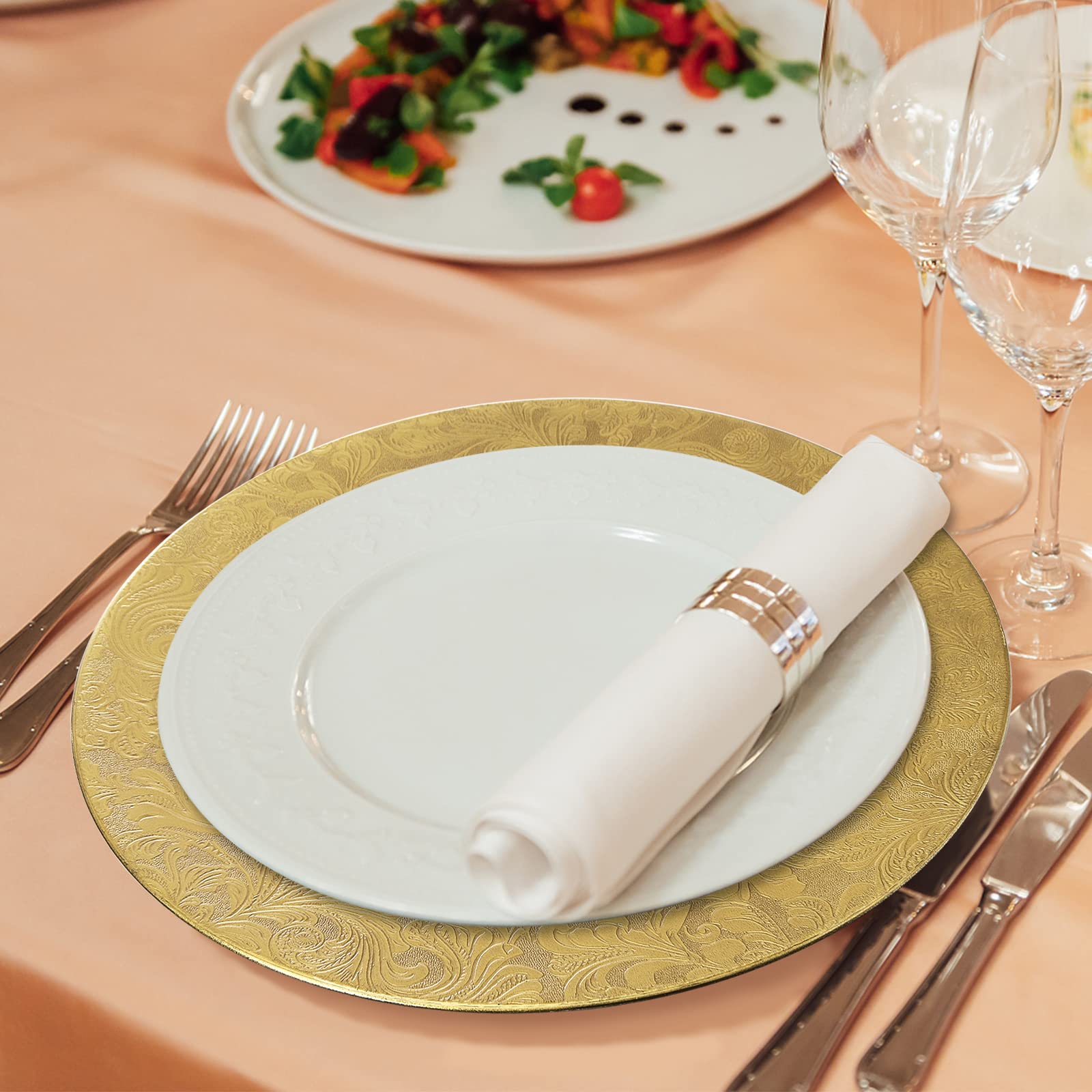 ZOOFOX 12 Pack Gold Charger Plates - 13 Inch Round Plastic Dinner Plate Chargers - Elegant Floral Antique Design for Wedding, Party & Formal Table Settings - Perfect for Holiday Dinners, Bridal Showers & Restaurant Decor