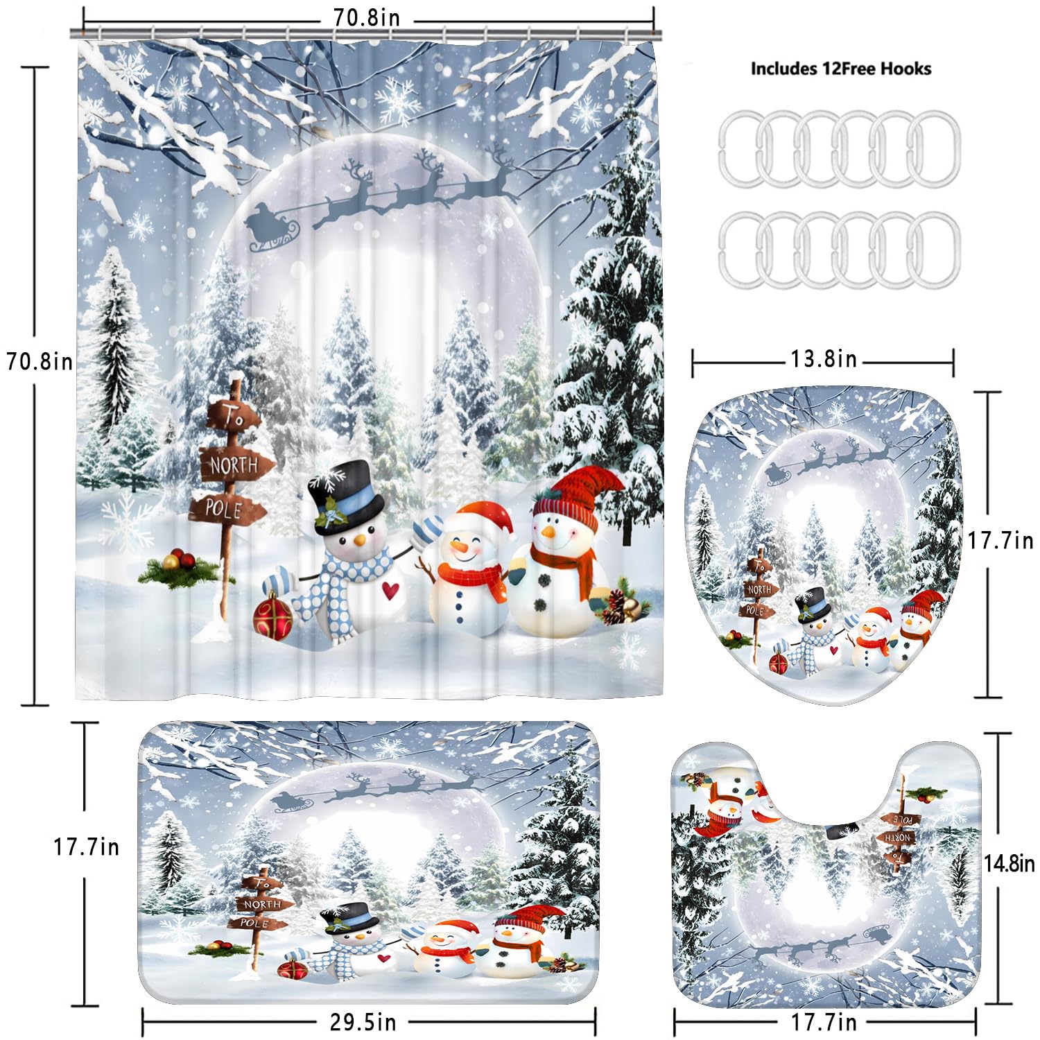 70x70 Inch Christmas Snowman Shower Curtain Set - Waterproof Holiday Bathroom Decor with Matching Rugs (4-Piece) for Winter & Xmas Bathroom Decoration | Perfect for Festive Home Decor & Gift Giving