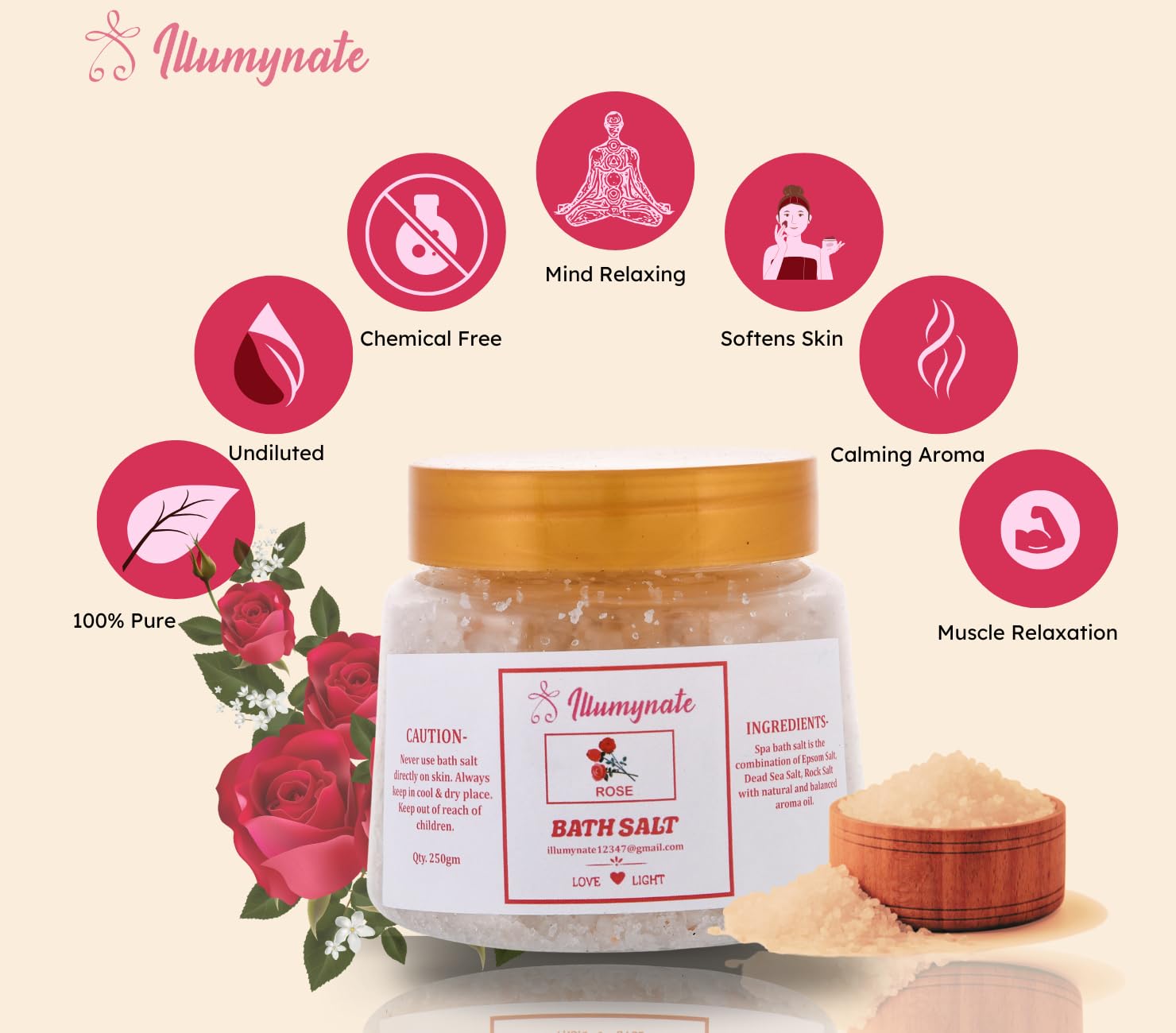 Illumynate Rose Bath Salt for Pain Relief & Relaxation – 100% Pure & Natural Body Soak for Men & Women – Moisturizing Skin Care – 250g (Pack of 2) – Perfect for Stress Relief & Spa Nights at Home