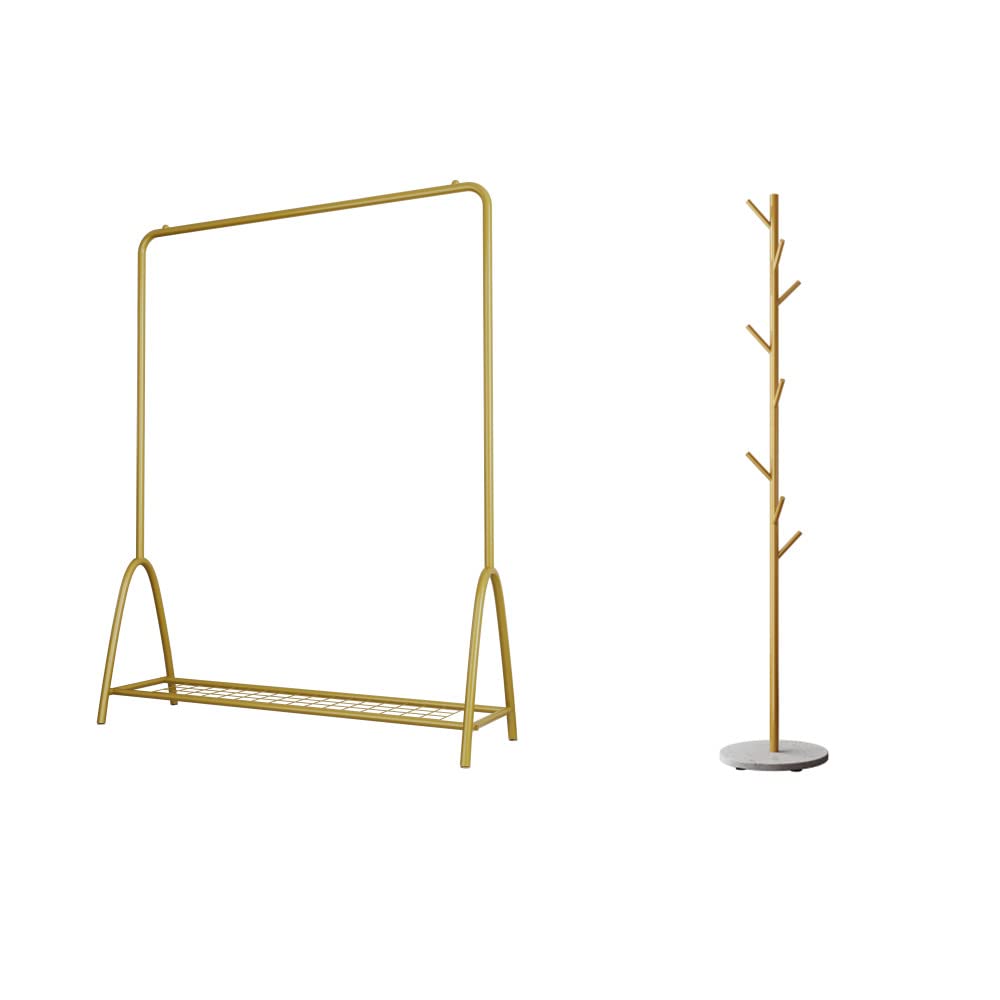 TIEOU Gold Coat Rack with Shelf - Stylish Freestanding Clothing Rack for Hanging Jackets, Dresses & Accessories - Perfect for Bedroom, Closet & Entryway Organization