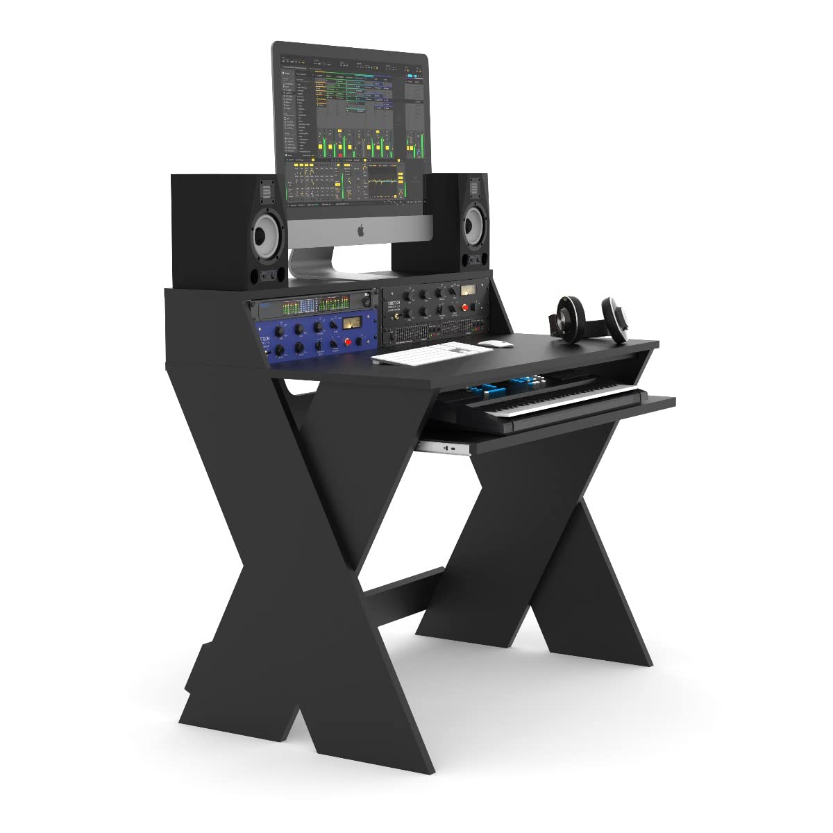 Professional Studio Sound Desk Compact Workstation with Pull-out Keyboard Tray - Ergonomic Black Design for Home & Recording Studios | Perfect for Music Production, Podcasting & Audio Editing