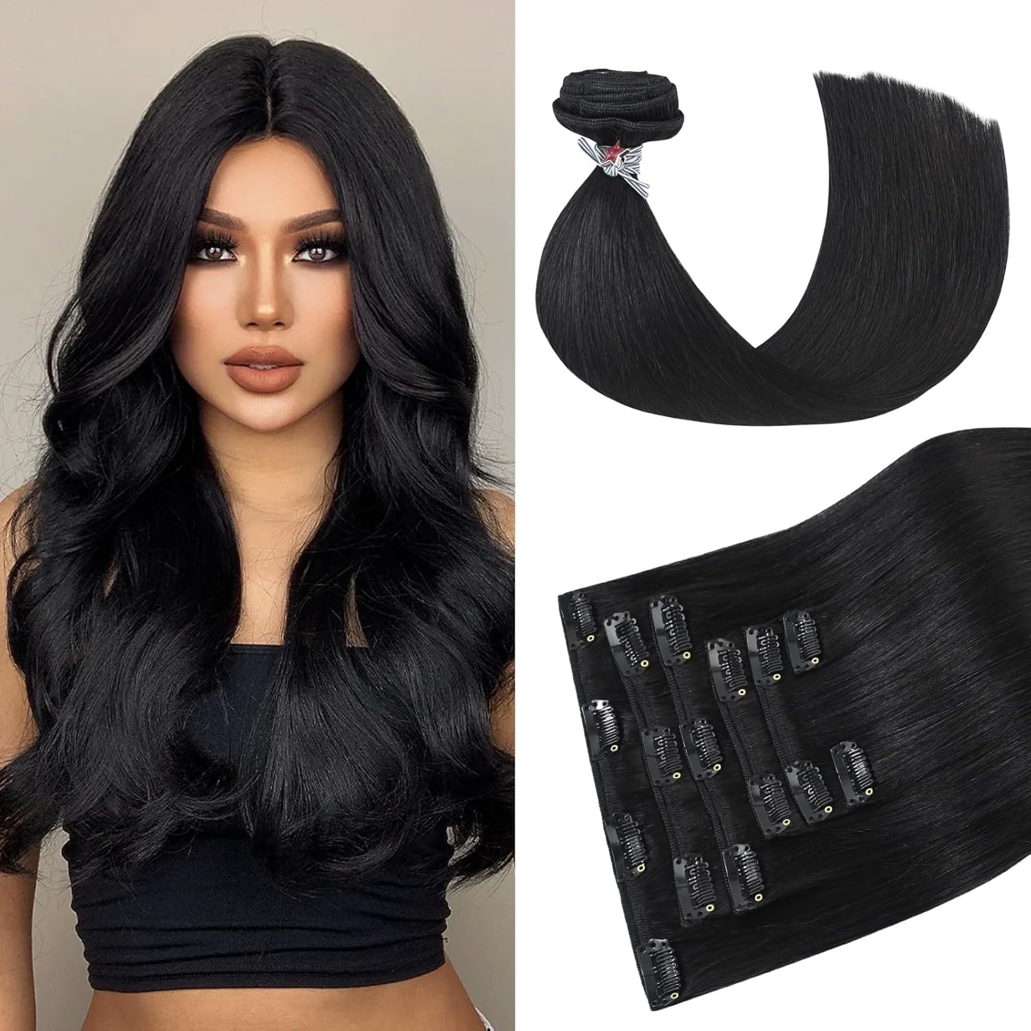 HUAYI 16 Inch Clip in Human Hair Extensions - 7pcs 120g Real Remy Hair, Soft & Tangle-Free for Natural Black Hair | Perfect for Daily Styling, Parties & Special Occasions