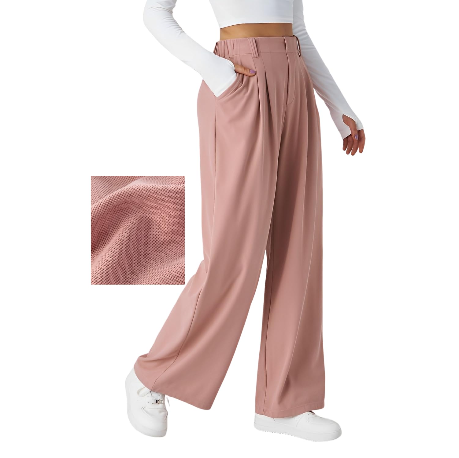High Waisted Pleated Side Pocket Wide Leg Waffle Work Pants for Women - 30