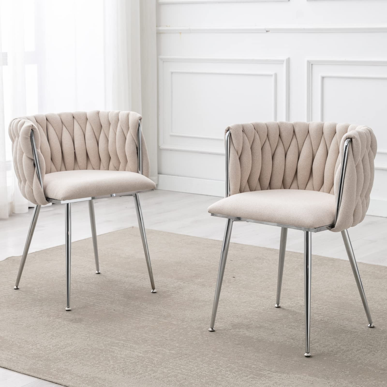 LukeAlon Modern Linen Dining Chairs Set of 2 - Woven Backrest Leisure Chairs with Silver Metal Legs, Upholstered Side Chairs for Living Room, Kitchen, Dining Room & Vanity - Beige Home Decor Accent Chairs for Comfortable Seating & Stylish Interior Design