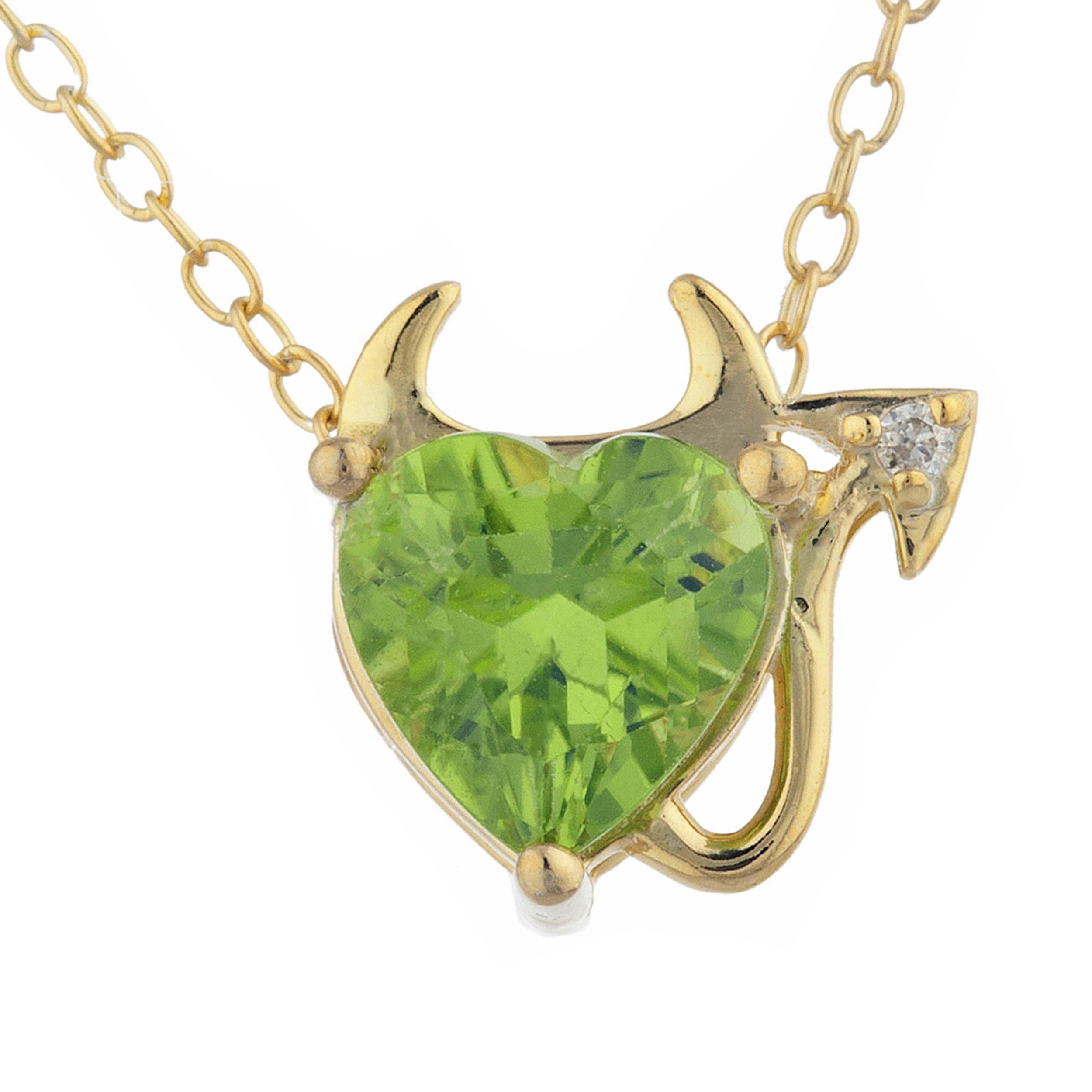 14Kt Gold 1.5 Carat Simulated Peridot & Diamond Devil Heart Pendant Necklace for Women - Gothic Jewelry, Valentine's Gift, Alternative Fashion Statement