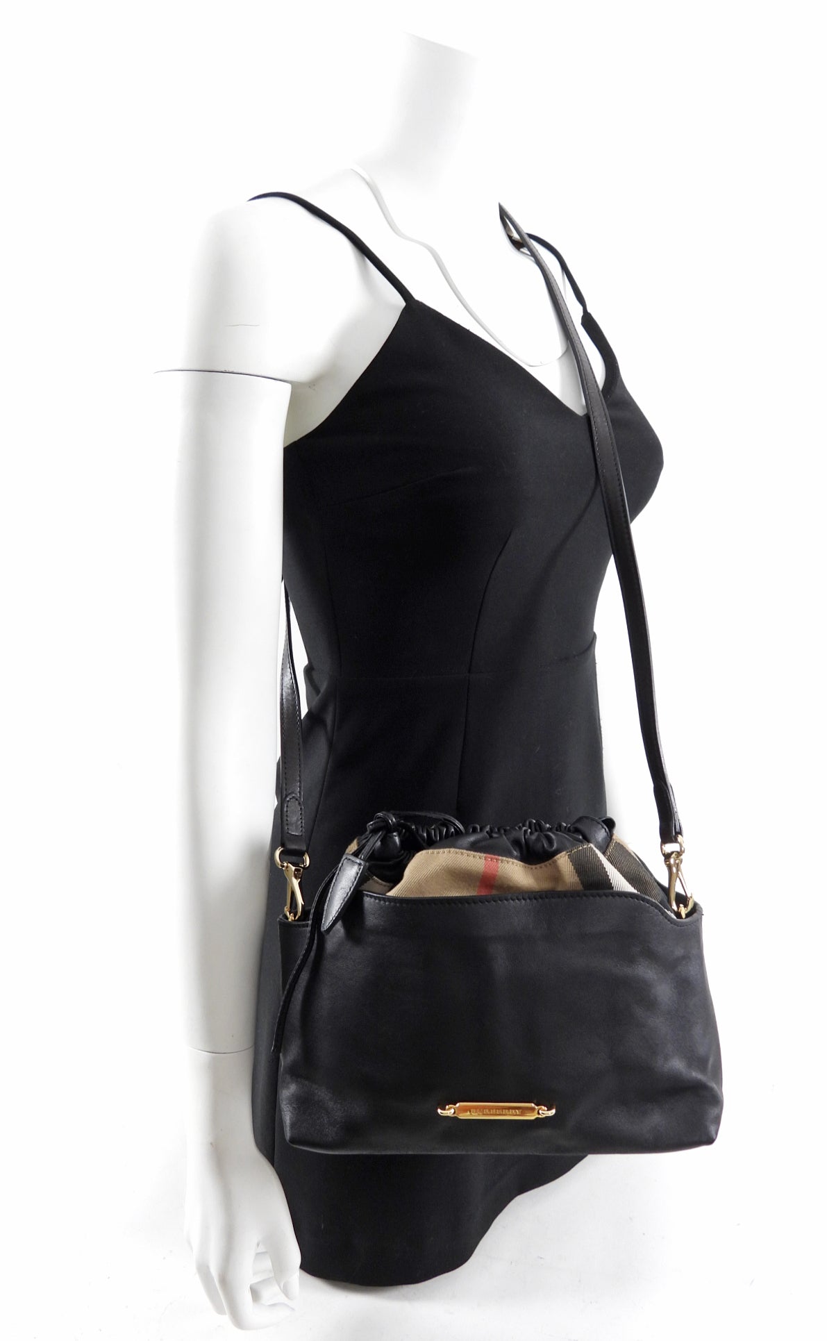 Burberry Black Leather and Check Little Crush Drawstring Bag - Luxury Crossbody Purse for Women, Fashionable Everyday Handbag for Work, Travel & Date Night