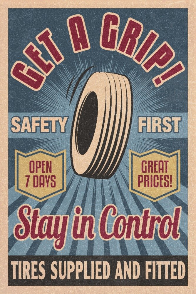 Vintage Tire Ad Wall Art Poster - 9x12 Retro Metal Sign Decor, Digital Print for Garage, Man Cave & Industrial Style Home Decor - Perfect for Automotive Enthusiasts & Vintage Lovers