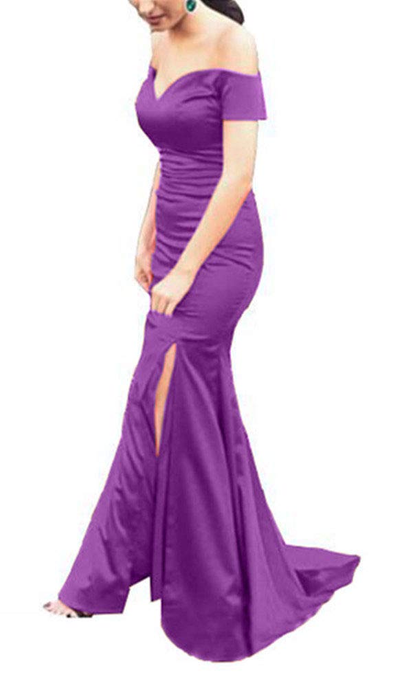Elegant Women's Satin Off-The-Shoulder Long Mermaid Evening Dress with High Slit - Violet Prom Gown for Formal Events, Parties & Special Occasions