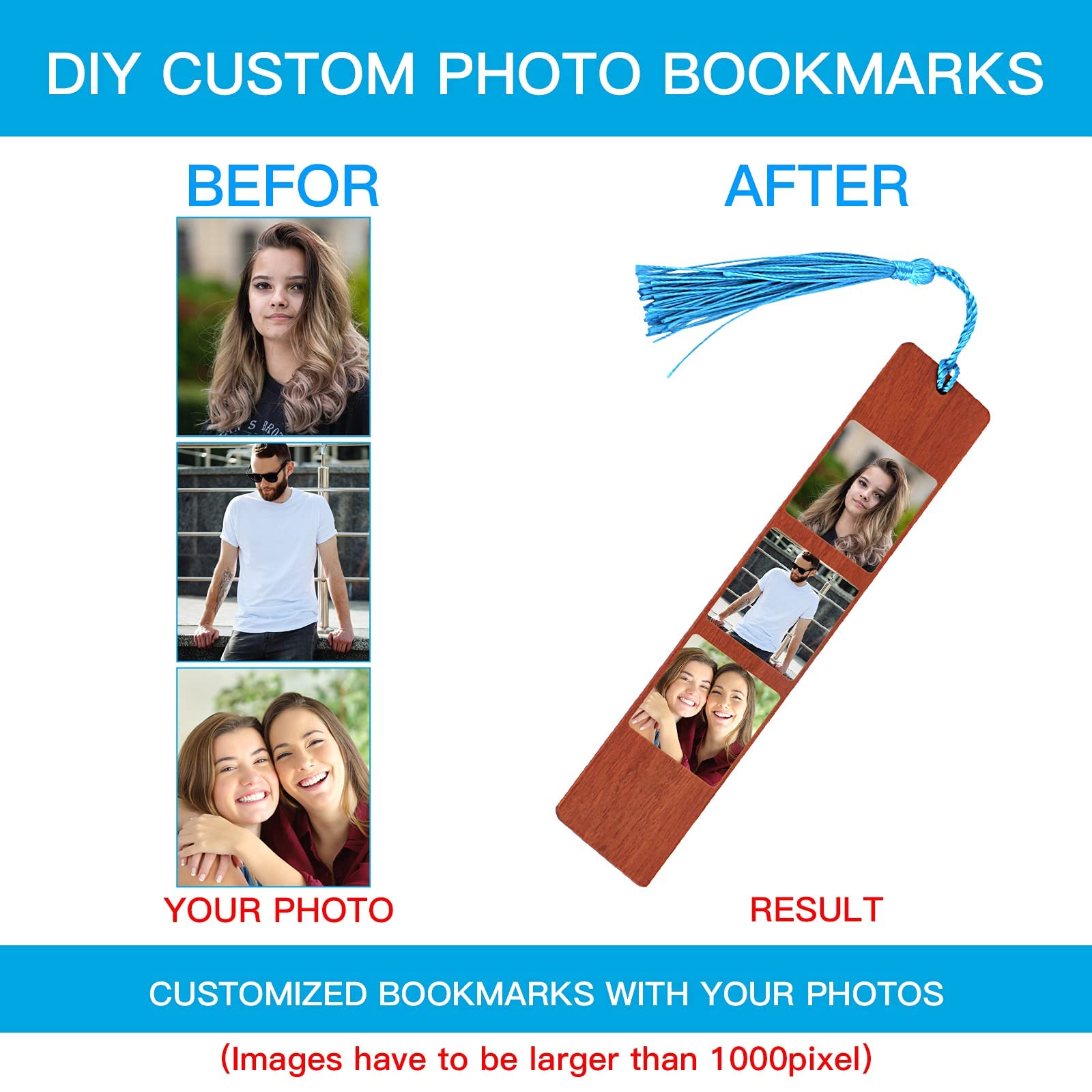 Custom Personalized Photo Bookmarks - Double-Sided Wooden Bookmark with Text & Images - Great for Gifts, Reading Accessories & DIY Projects