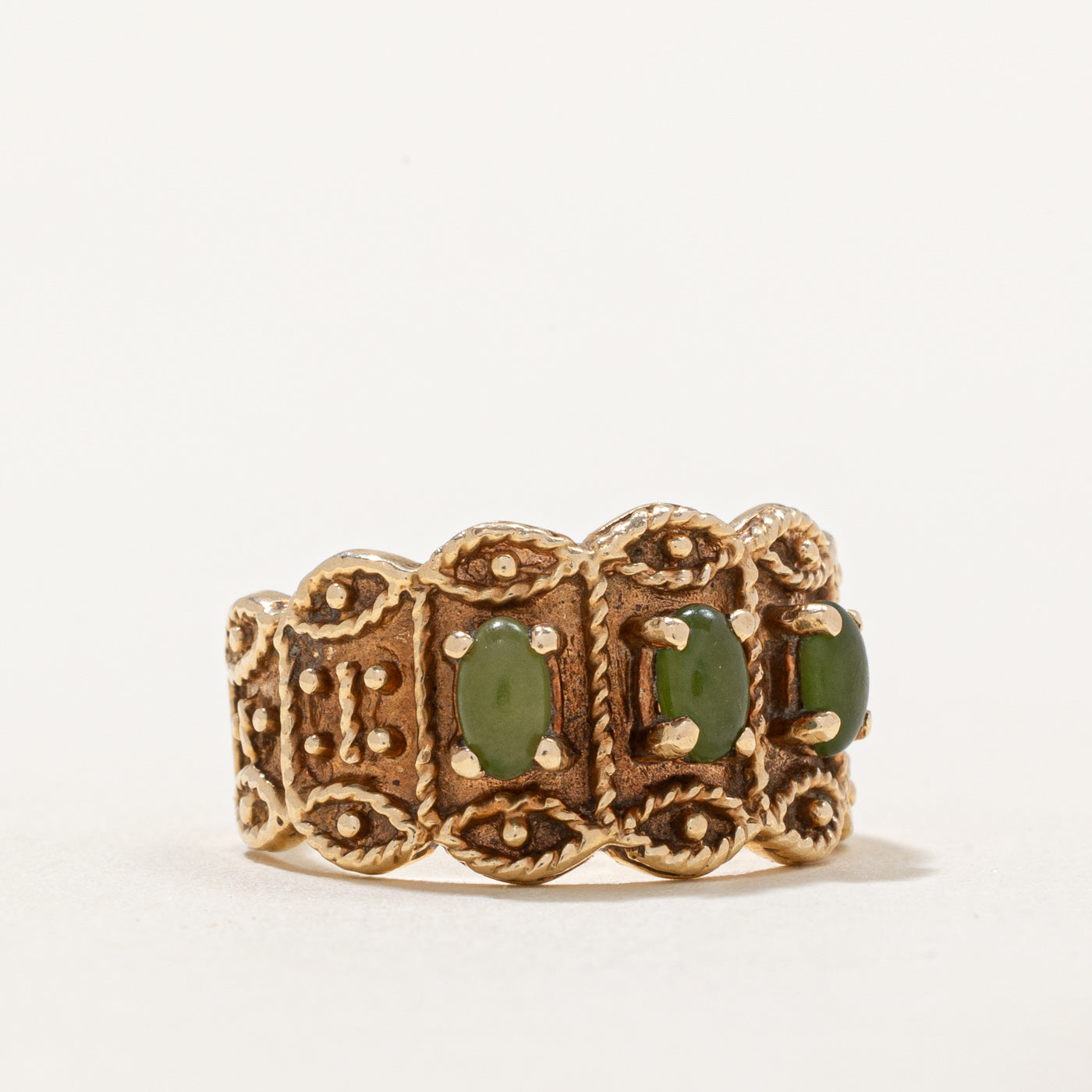 Three Stone Nephrite Jade Textured Ring | 0.60ctw | Size 6.25 | Elegant Handmade Jewelry for Women | Perfect for Weddings, Anniversaries & Special Occasions