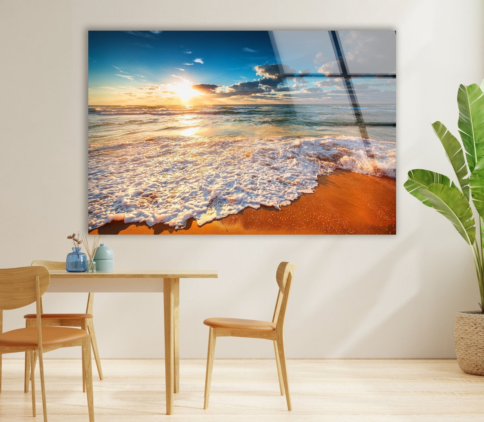 Beach Wave & Sunrise Glass Wall Art - Coastal Decor for Living Room, Bedroom, or Office - Stunning Ocean Sunset Mural for Home & Office Decor