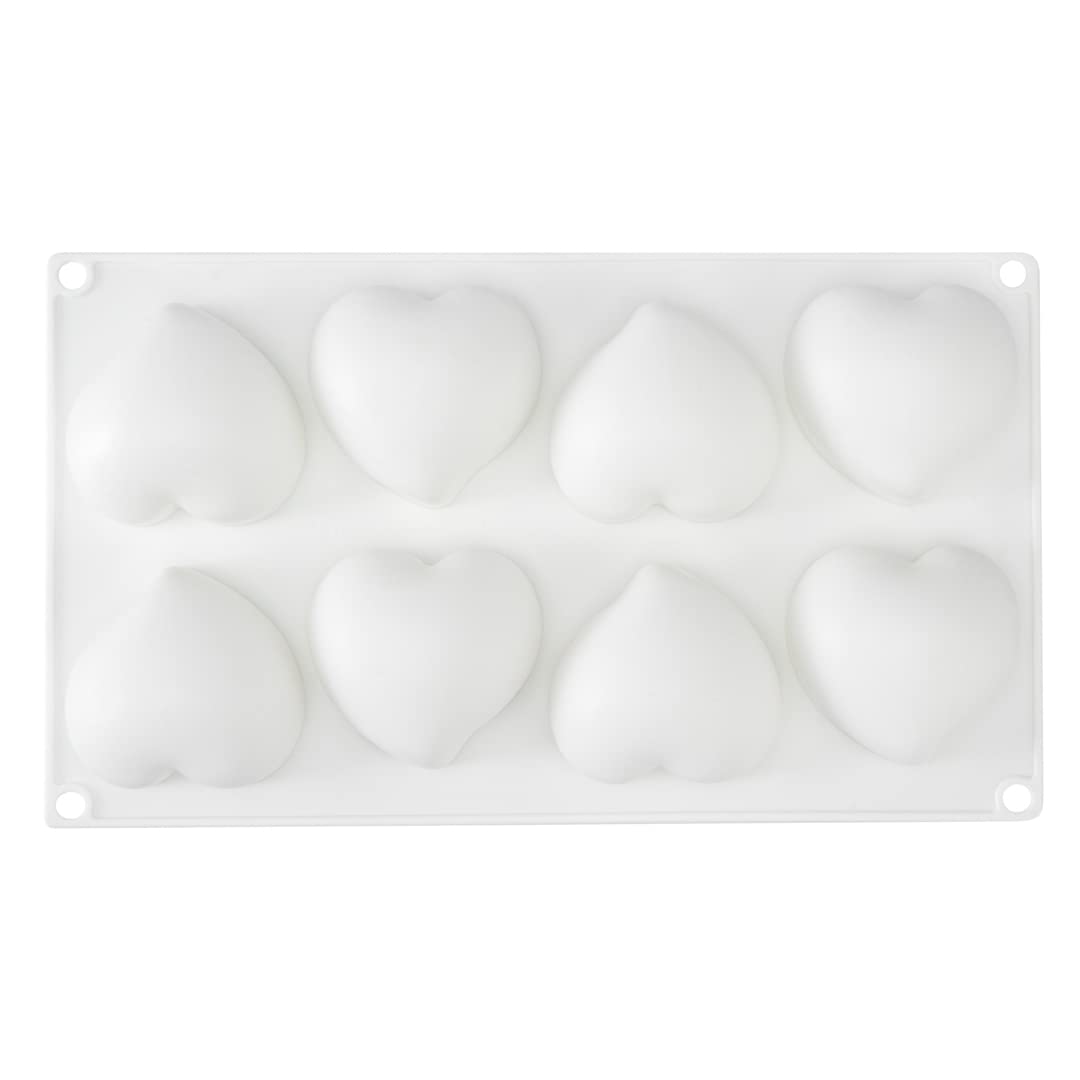 Restaurantware Pastry Tek 8-Cavity Heart Molds - 10 Oven-Safe Heart Pans, Flexible & Freezer-Safe White Silicone Baking Molds for Easy Release | Perfect for Valentine's Day, Wedding Cakes, Cupcakes & Chocolate Desserts