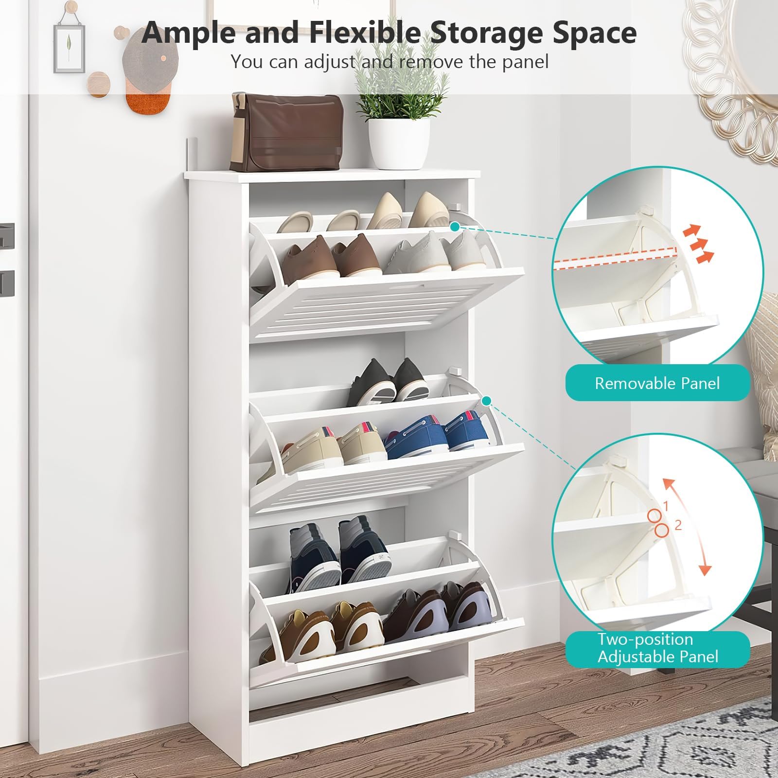 Modern White Shoe Storage Cabinet with 3 Flip Louvered Doors & Adjustable Shelf - Entryway Hallway Organizer for Shoes, Hats & Accessories | Perfect for Small Spaces, Apartments & Mudrooms