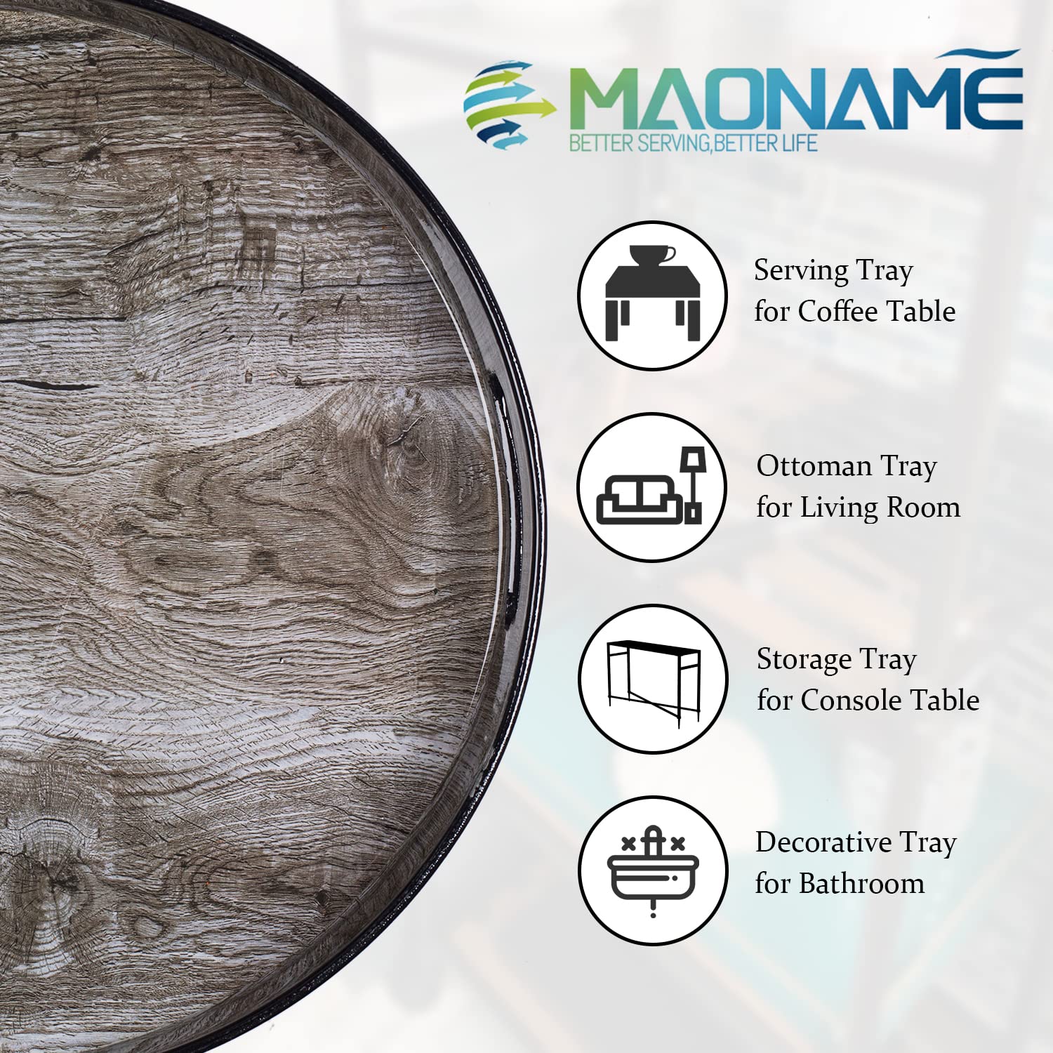 MAONAME 13 Inch Round Decorative Tray with Handles - Wood Grain Plastic Serving Tray for Coffee Table, Ottoman, Bathroom & Kitchen - Perfect for Entertaining, Organizing & Home Decor