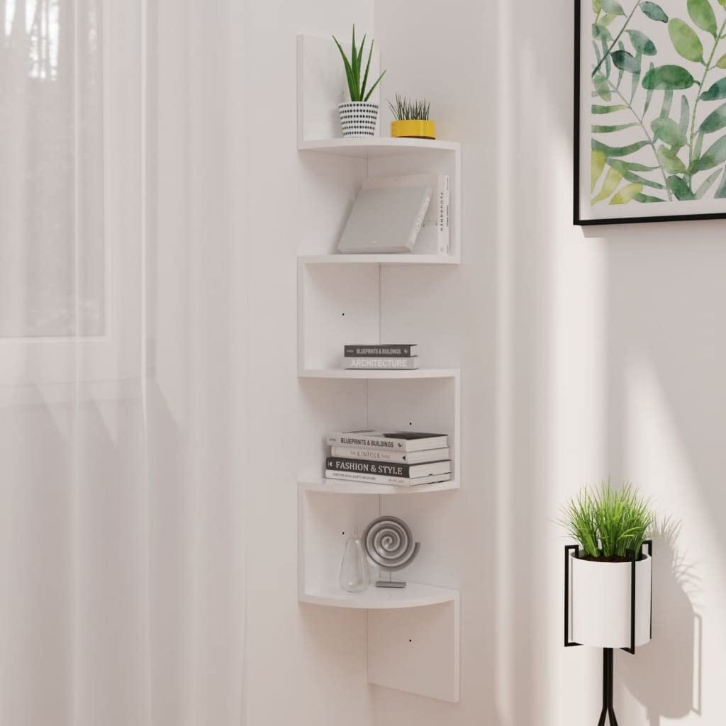 Floating Wall Corner Shelf - High Gloss White Chipboard Bathroom & Kitchen Storage - Decorative Shelves for Bedroom, Living Room, Office - Perfect for Books, Decor & Organizing Small Spaces