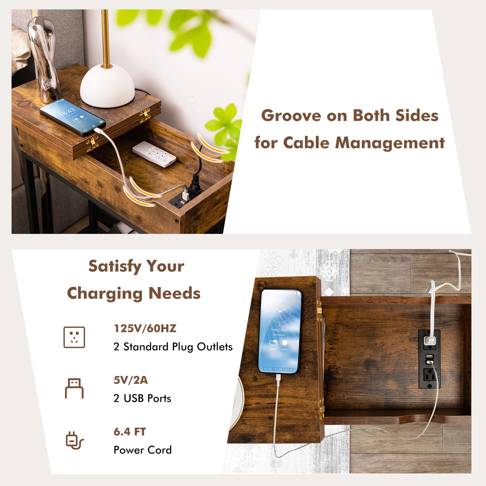 Tangkula Flip Top Side Table with Charging Station - USB Ports & Outlets, Narrow End Table with Fabric Storage Bags - Industrial Nightstand for Small Spaces (Rustic Brown, 2-Pack) | Perfect for Living Room, Bedroom & Dorm Organization