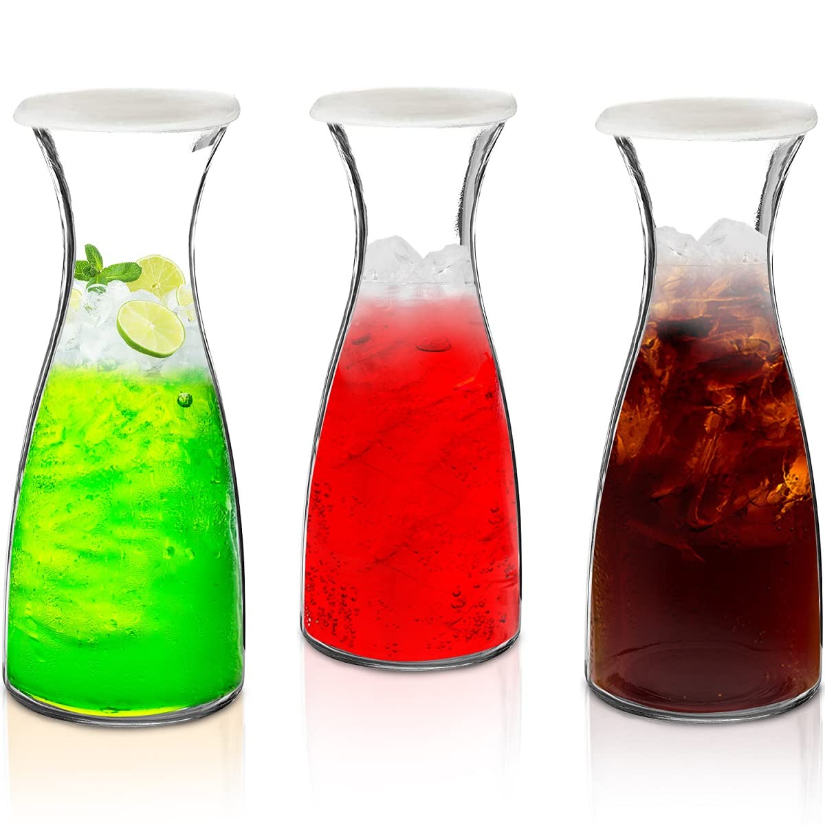 3-Piece Glass Carafe Set - 1 Liter Pitchers for Party & Home Use - 10 Inch Tall Glass Jugs for Water, Milk or Juice - Perfect for Entertaining, Dining & Kitchen Storage