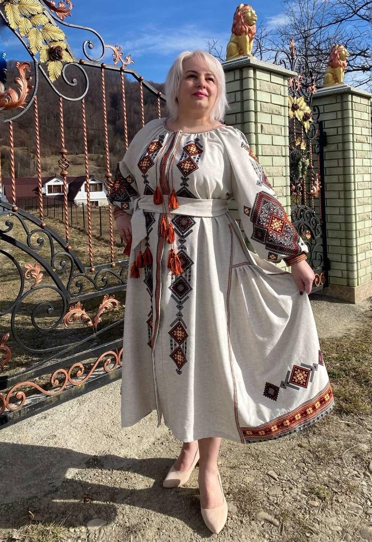 Stylish Plus Size Linen Summer Dress with Ukrainian Geometric Embroidery - Breathable Ethno-Style Maxi Dress (Size L) for Beach Vacations, Boho Weddings & Casual Outings