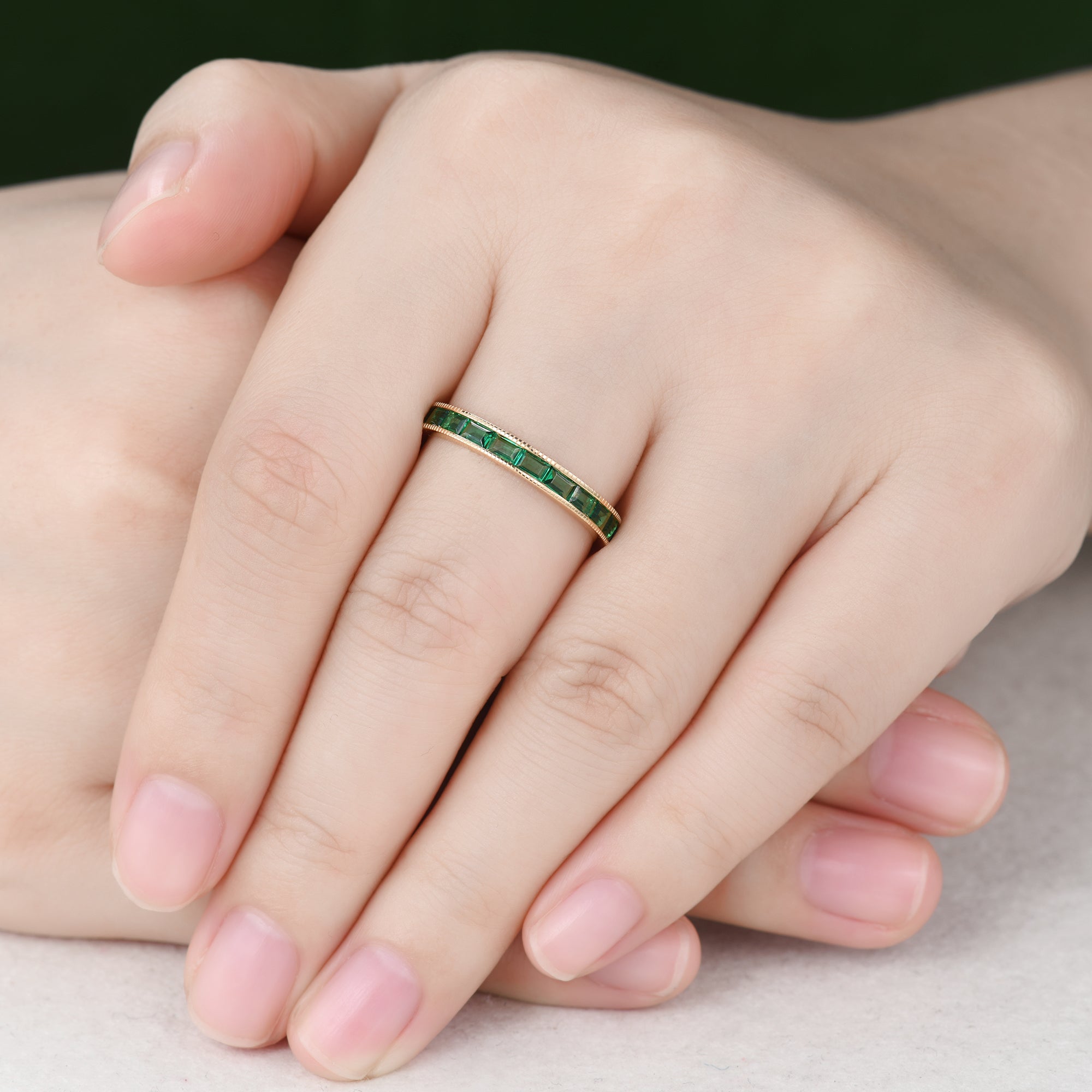 Milgrain Baguette Emerald Wedding Band - Full Eternity Ring for Women | Elegant Bridal Jewelry, Anniversary Gift & Engagement Ring Alternative | Perfect for Weddings, Proposals & Special Occasions