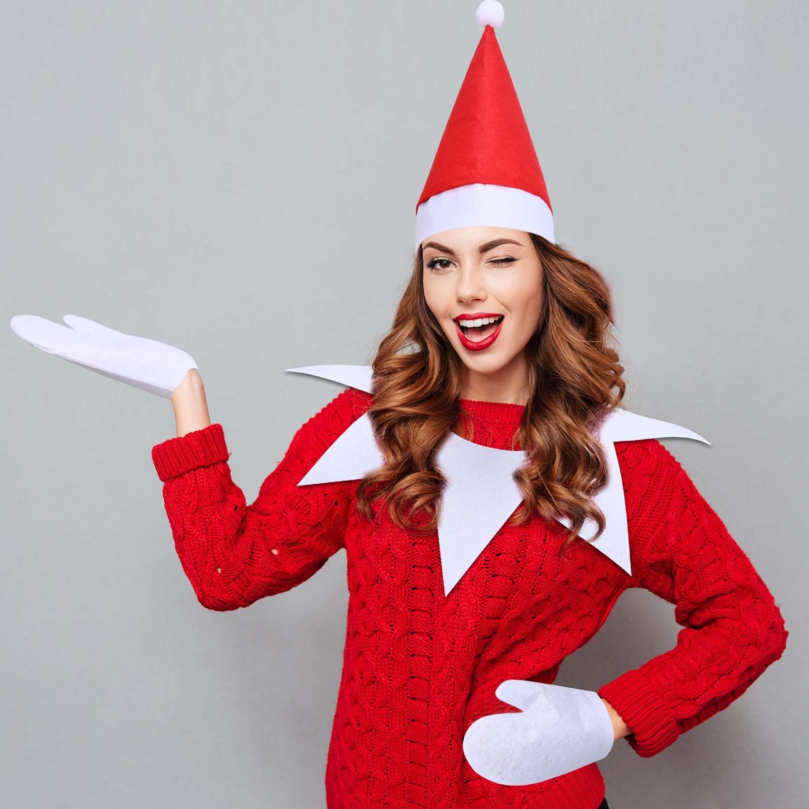 3 Pcs Christmas Elf Costume Set for Women & Men - Red & White Elf Outfit with Accessories for Halloween & Christmas Parties | Perfect for Holiday Cosplay, Office Parties & Festive Gatherings