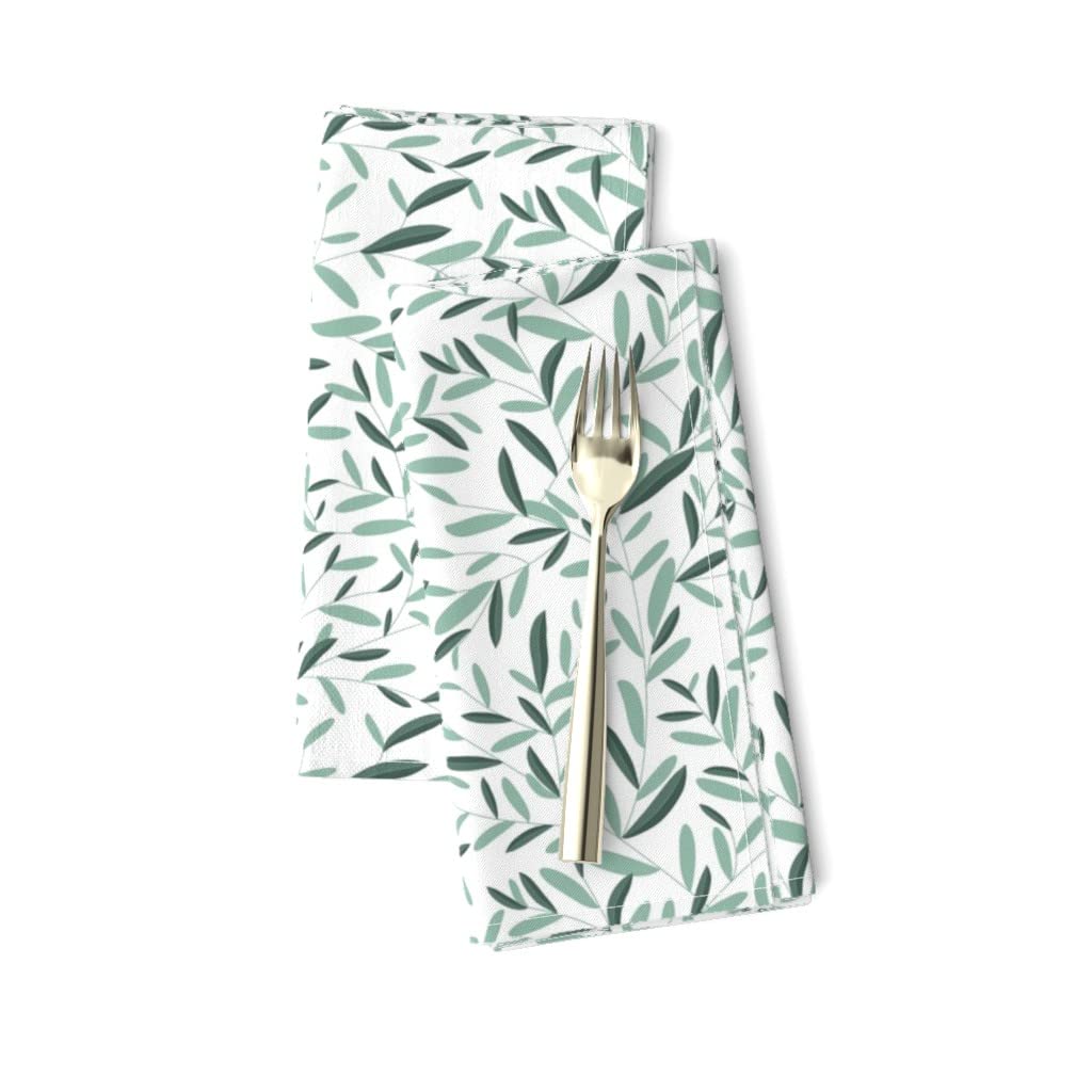 Premium Linen Cotton Canvas Dinner Napkins Set of 2 - Olive Leaf Botanical Print, Soft & Eco-Friendly for Everyday Use, Parties & Fine Dining | Summer Green Nature Design