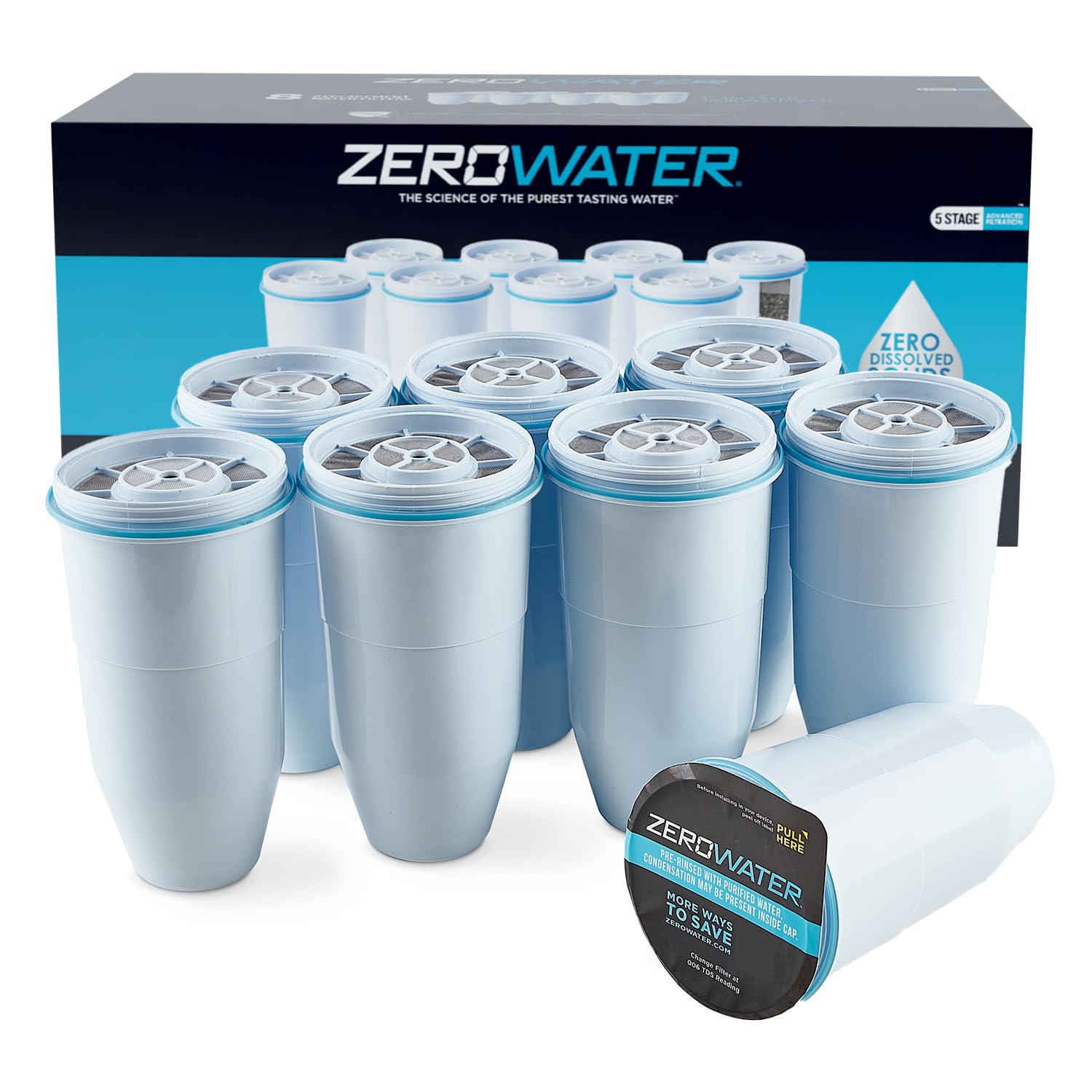ZeroWater Official Replacement Filter - 5-Stage 0 TDS Water Filter Cartridge - IAPMO Certified to Remove Lead, Chromium, PFOA/PFOS - 8-Pack (White) - Perfect for Home, Office & Travel Water Purification