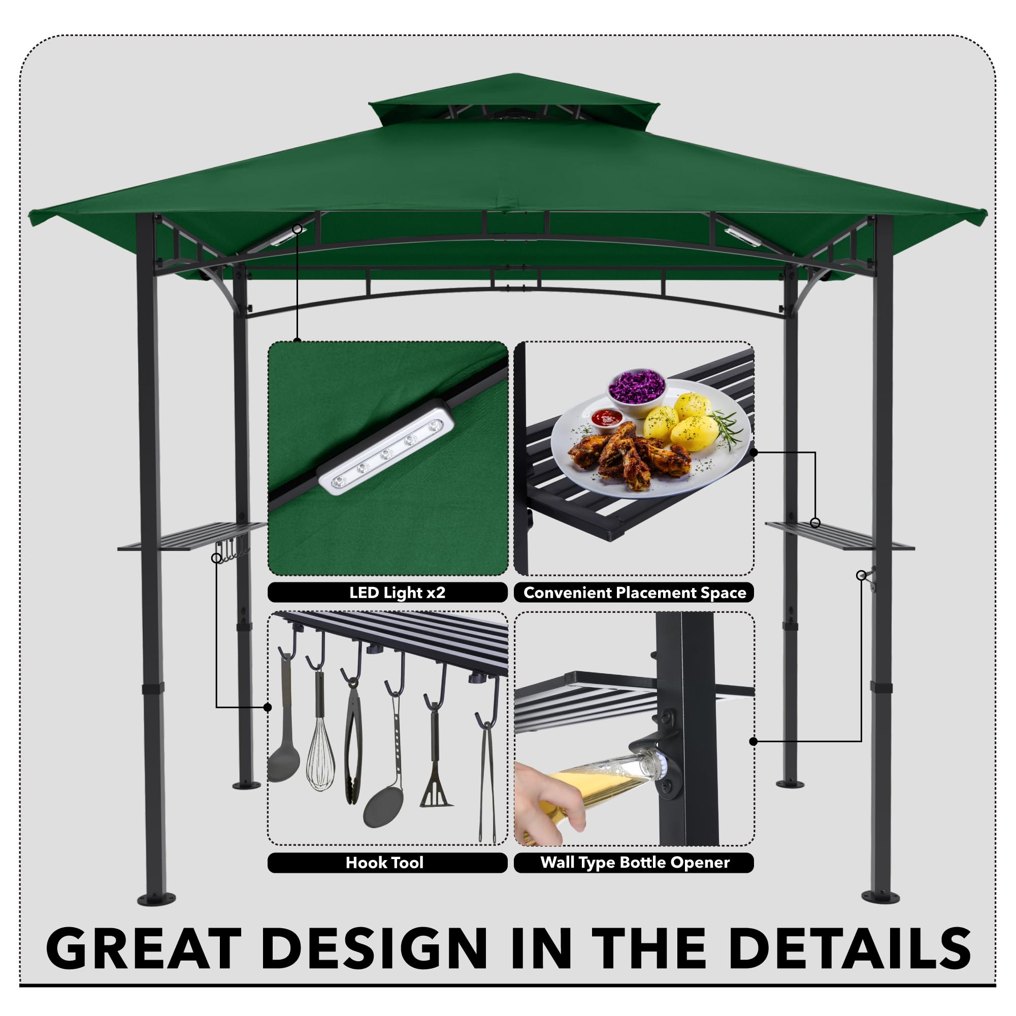MASTERCANOPY 8x5 FT Grill Gazebo with 2 LED Lights - Waterproof Outdoor BBQ Canopy Shelter for Patio, Backyard, Camping (Forest Green)