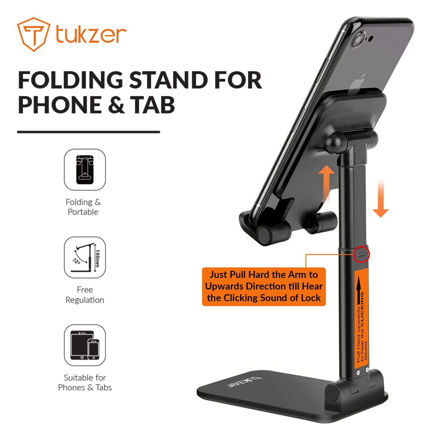 Tukzer Adjustable Foldable Desktop Tablet Stand Holder for Smartphones & Tablets - Height & Angle Adjustable, Portable for Desk, Cradle, Dock - Perfect for Work, Study, Video Calls & Entertainment (Black)