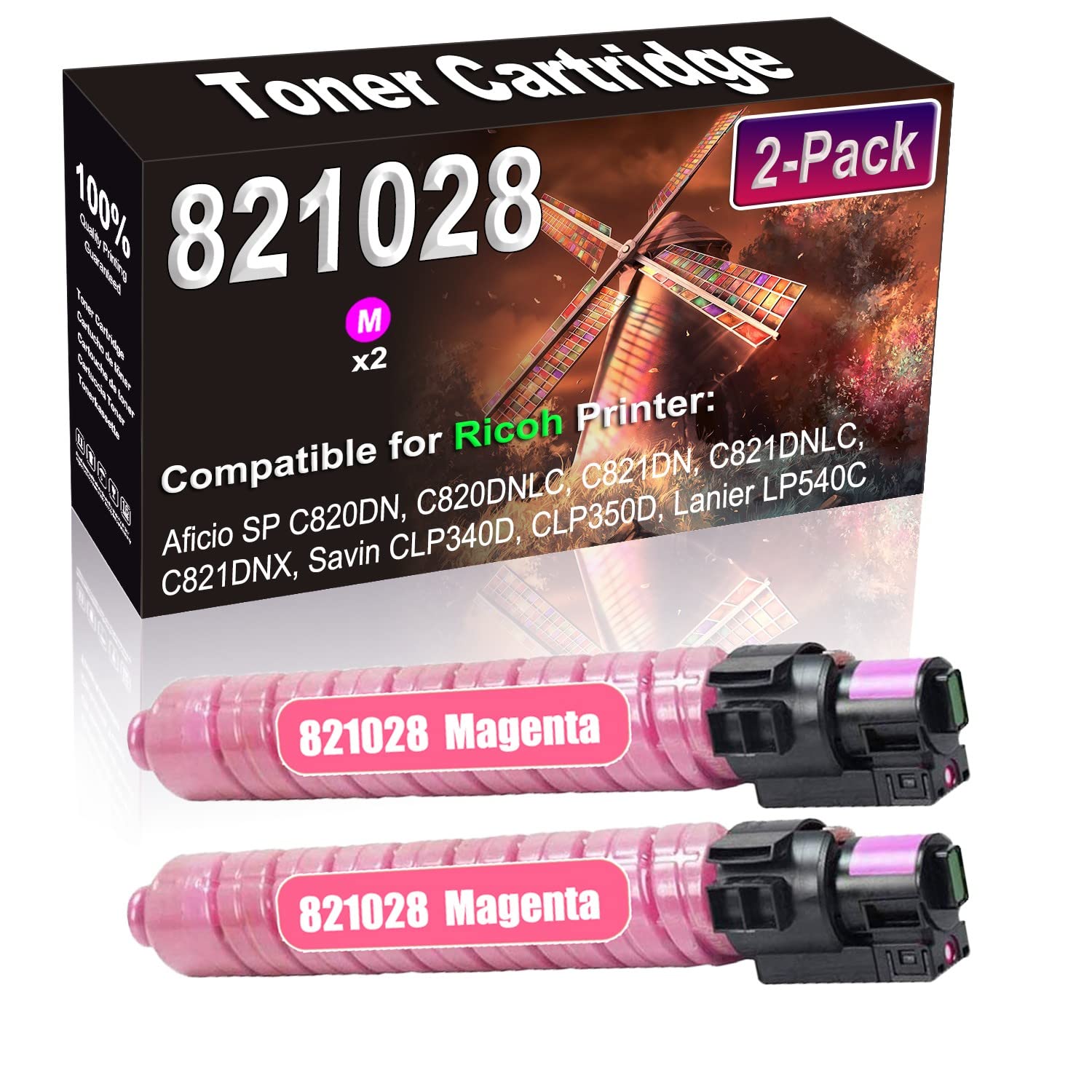 2-Pack High Yield Compatible Toner Cartridge for Ricoh Aficio SP C820DN/C820DNLC/C821DN Printers - Replacement for Ricoh 821028 (Magenta) - Ideal for Office Printing, School Projects & Home Office Use