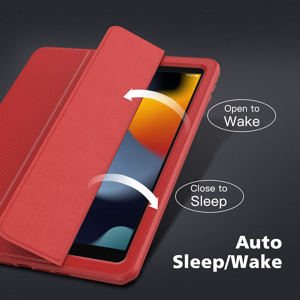 MoKo Shockproof Case for iPad 10.2 Inch (9th/8th/7th Generation 2021/2020/2019) - Built-in Screen Protector & Apple Pencil Holder, Auto Sleep/Wake Protective Cover - Perfect for Work, School & Travel (Red)