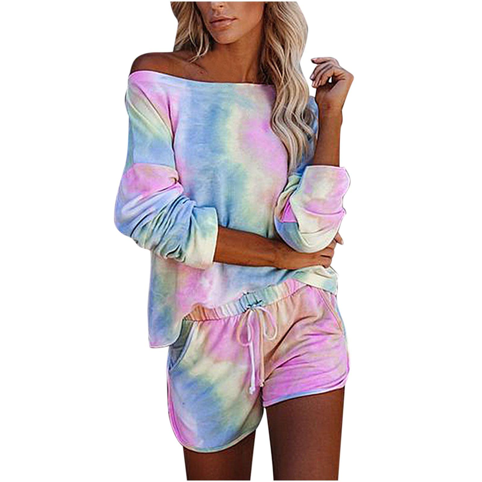 Women's Tie Dye Lounge Set - Soft Long Sleeve Top & Comfy Shorts with Pockets | 2-Piece Pajama Set for Home, Sleep & Relaxation | Trendy Matching Outfit for Women