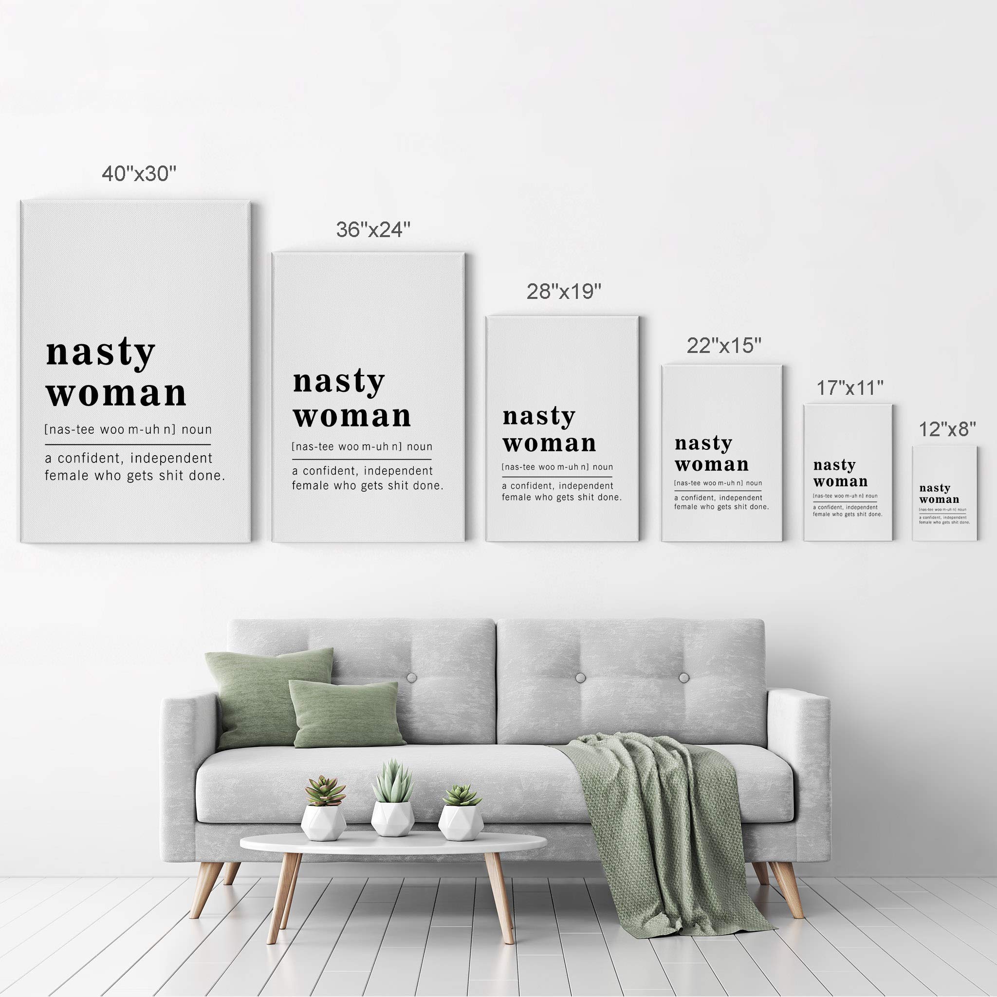 Funny Noun Dictionary Definition of Nasty Woman Canvas Print - Inspirational Quote Wall Art for Office, Living Room & Bedroom - Ready to Hang Home Decor (36x24 inches, Made in USA) - Perfect for Feminist Gifts, Women's Empowerment Spaces & Political Humor Decor