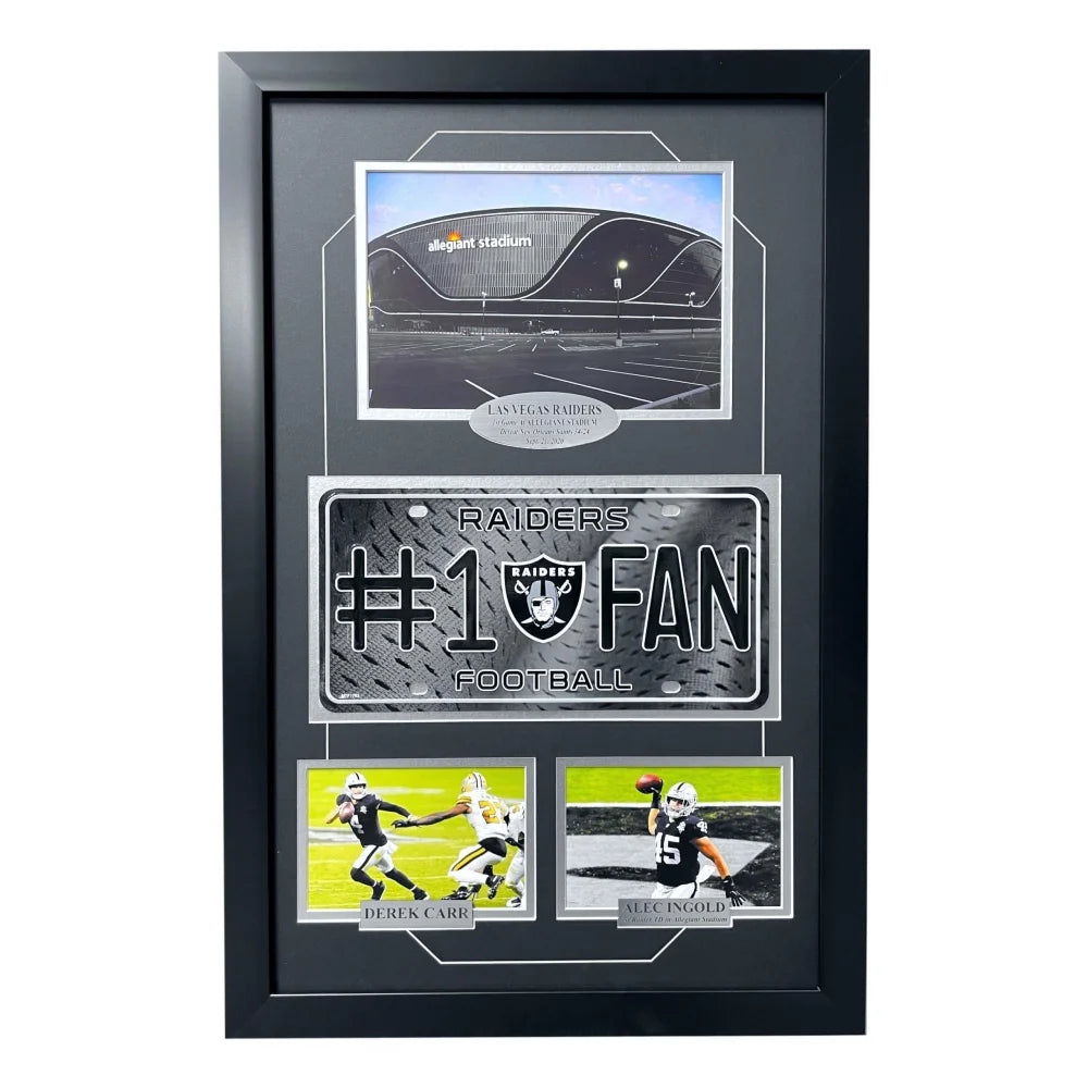 Las Vegas Raiders NFL Fan License Plate Framed Collage - Derek Carr Memorabilia for Allegiant Stadium - Perfect for Man Cave, Sports Bar & Game Room Decor