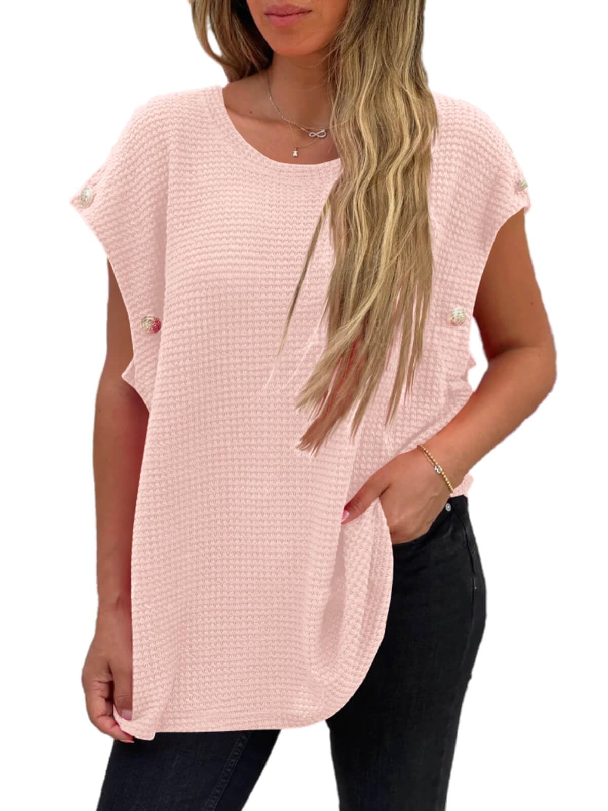 Imily Bela Women's Waffle Knit Oversized T-Shirt - Cap Sleeve Loose Fit Tunic Top for Summer | Casual Wear, Beach Cover-Up, Lounge Outfit