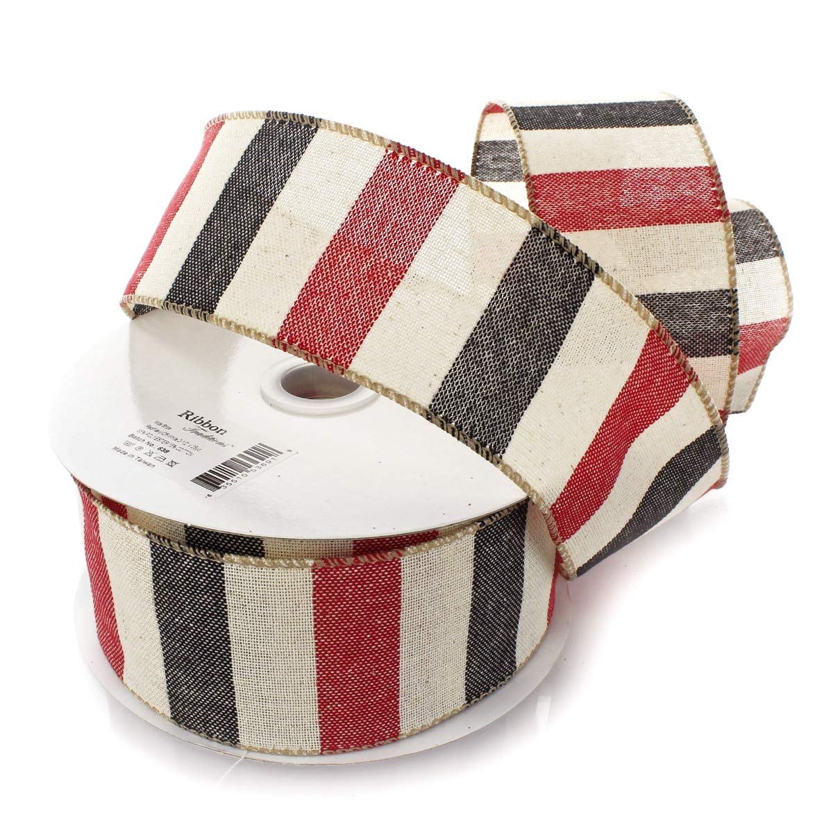 Wide Stripe Wired Ribbon 2.5 Inch by 10 Yards - Red Navy Off White Decorative Ribbon for Gift Wrapping, Crafts, and Holiday Decorations