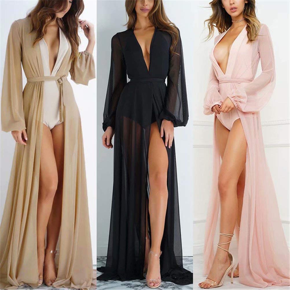 Sexy Mesh Long Sleeve Tie Front Swimsuit Cover Up Dress for Women - Beachwear, Poolside Cover, Summer Vacation Outfit