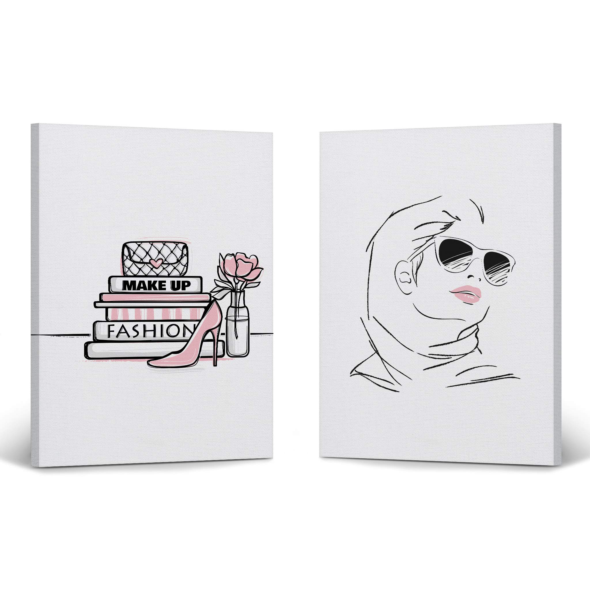 Glam Fashion Canvas Wall Art Set - Pink, Black & White Woman with Books, Bag & High Heels - 2 Piece Framed Prints (36x24 inches) for Office, Bathroom, Women's Dorm, Bedroom & Living Room Decor - Ready to Hang
