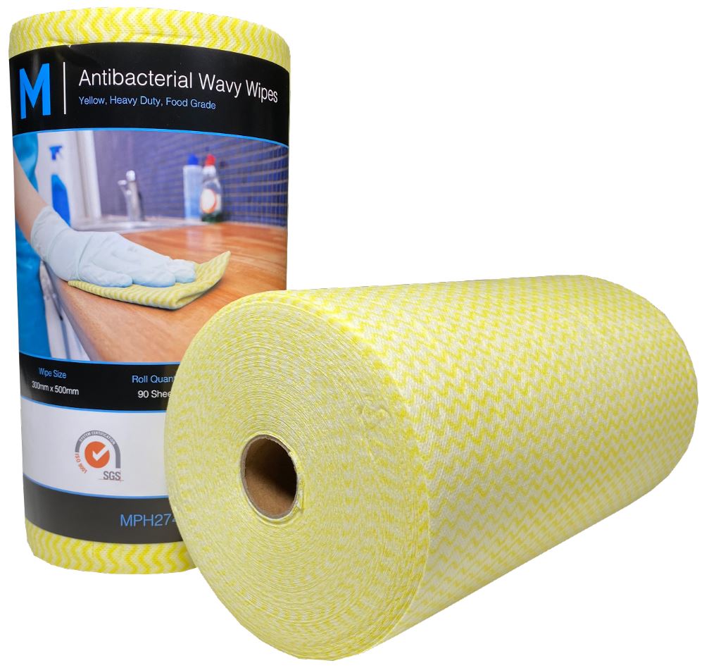 Antibacterial Wavy Wipes - 300mm x 500mm x 90 Sheets per Roll - Pack of 4 Yellow Rolls - Ideal for Kitchen, Bathroom & Office Cleaning